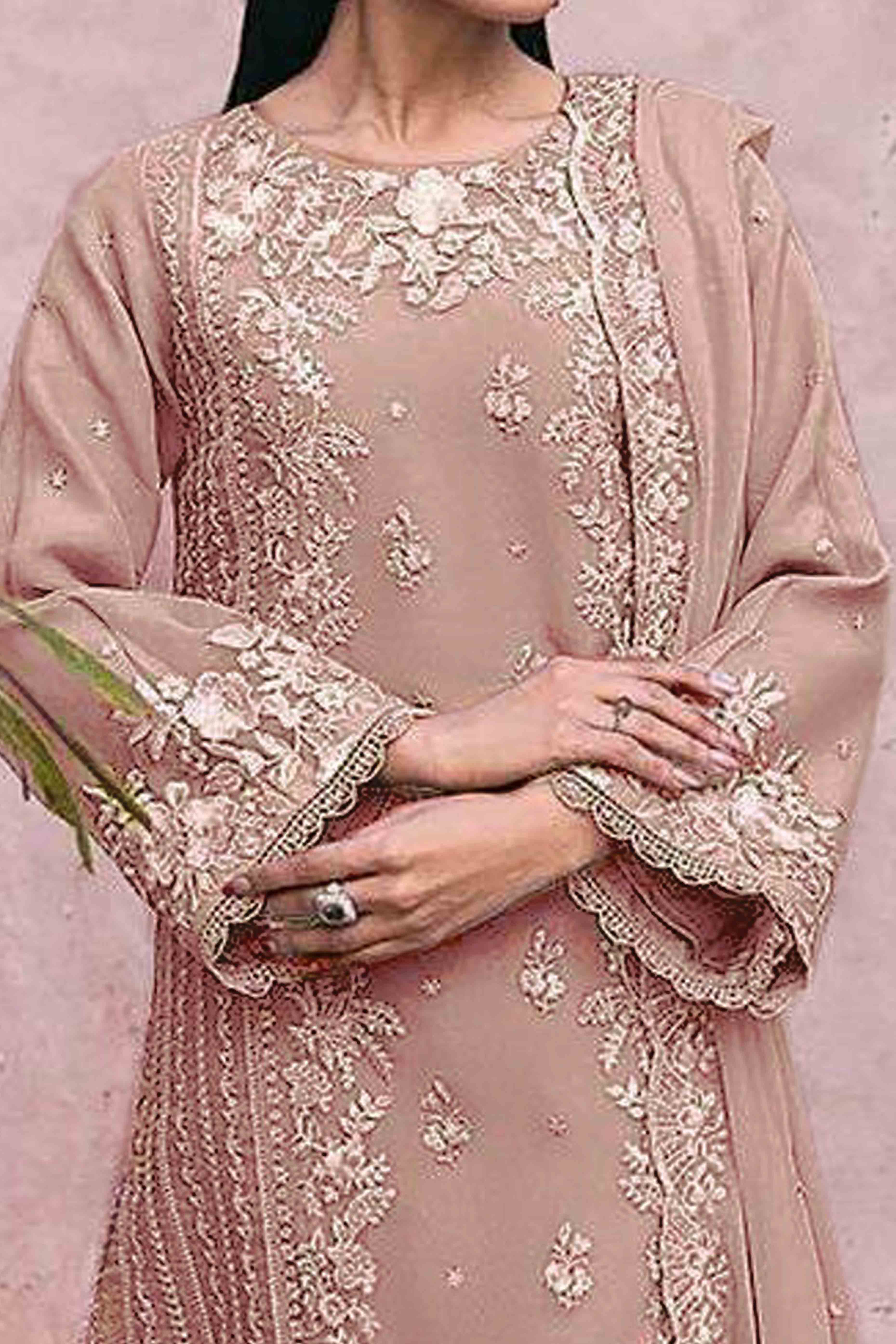 Dusty Peach Floral Embroidery Georgette Semi Stitched Pakistani Suit