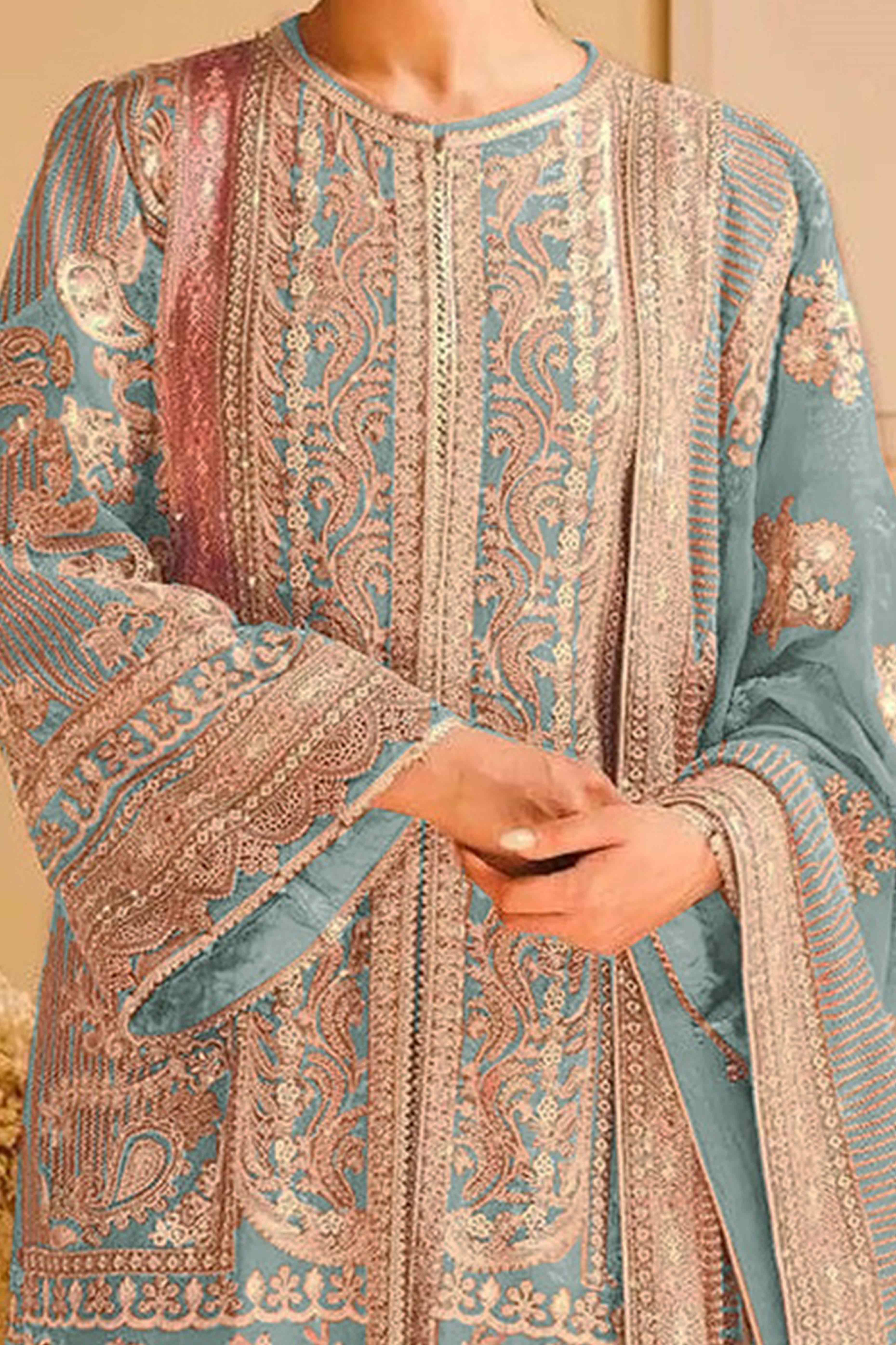 Blue Floral Sequins Embroidery Georgette Semi Stitched Pakistani Suit