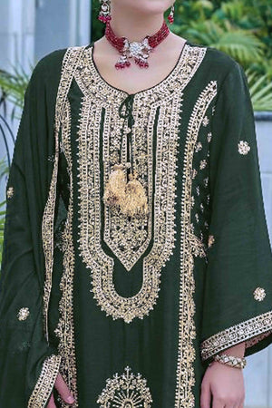 Green Floral Sequins Embroidered Chinon Semi Stitched Pakistani Suit