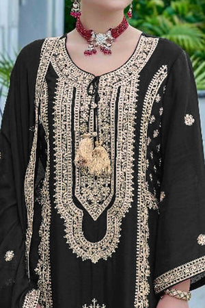 Black Floral Sequins Embroidered Chinon Semi Stitched Pakistani Suit