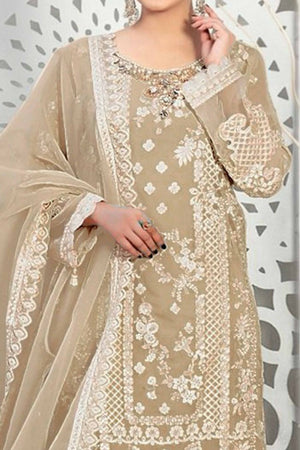 Beige Floral Embroidery With Moti Work Organza Semi Stitched Pakistani Suit