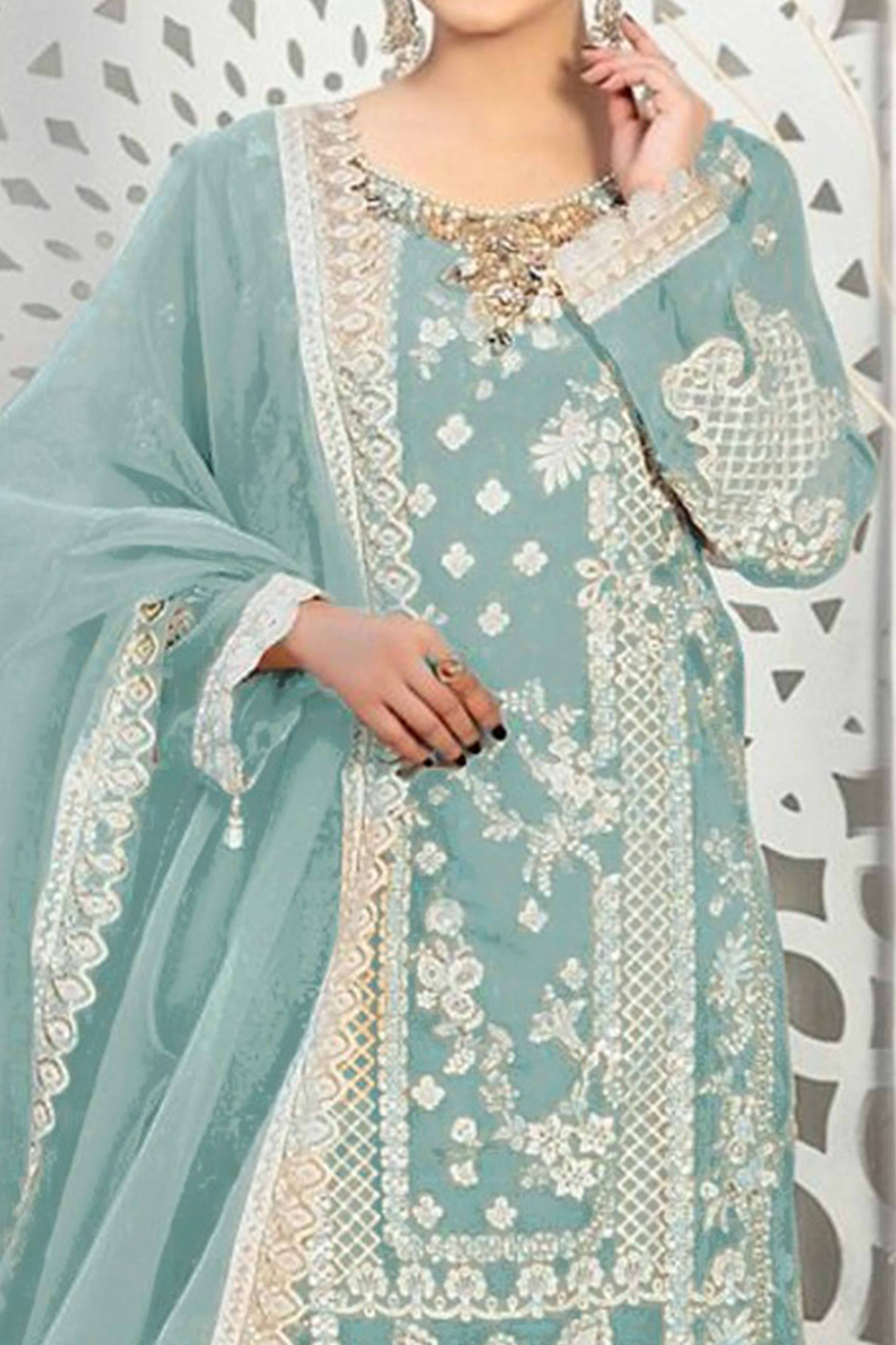 Blue Floral Embroidery With Moti Work Organza Semi Stitched Pakistani Suit