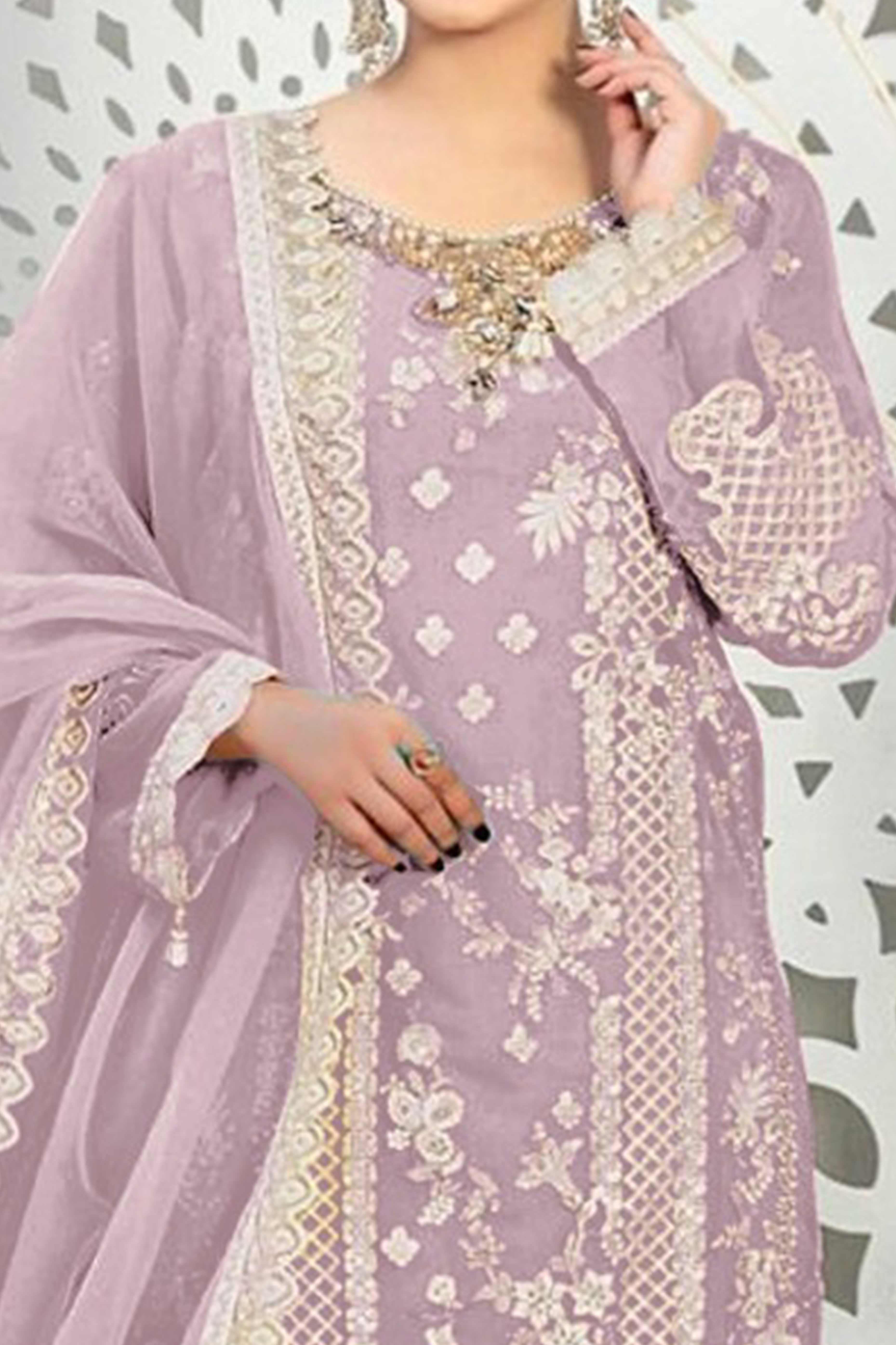 Lavender Floral Embroidery With Moti Work Organza Semi Stitched Pakistani Suit