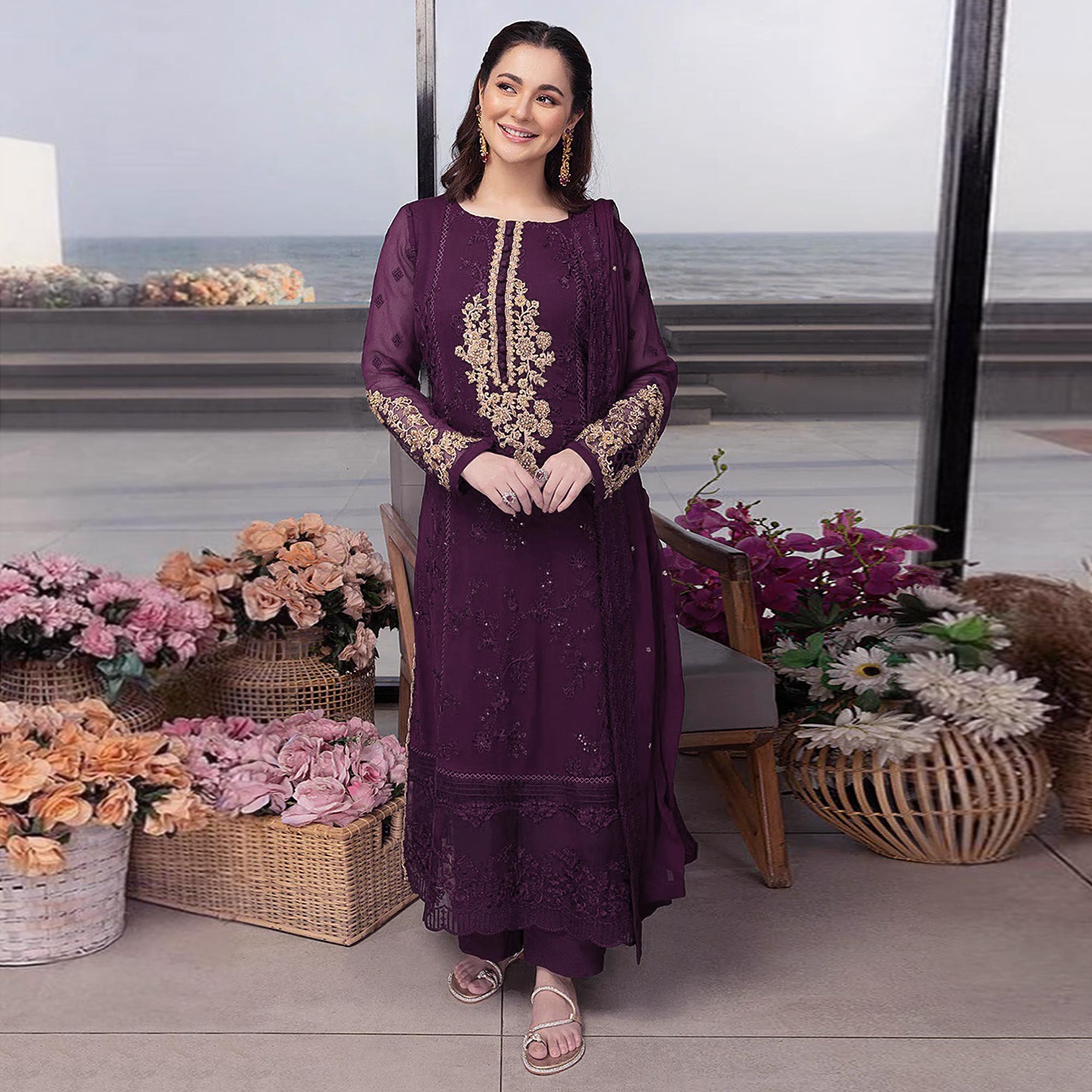 Purple Floral Embroidered Georgette Semi Stitched Pakistani Suit