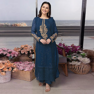 Blue Floral Embroidered Georgette Semi Stitched Pakistani Suit