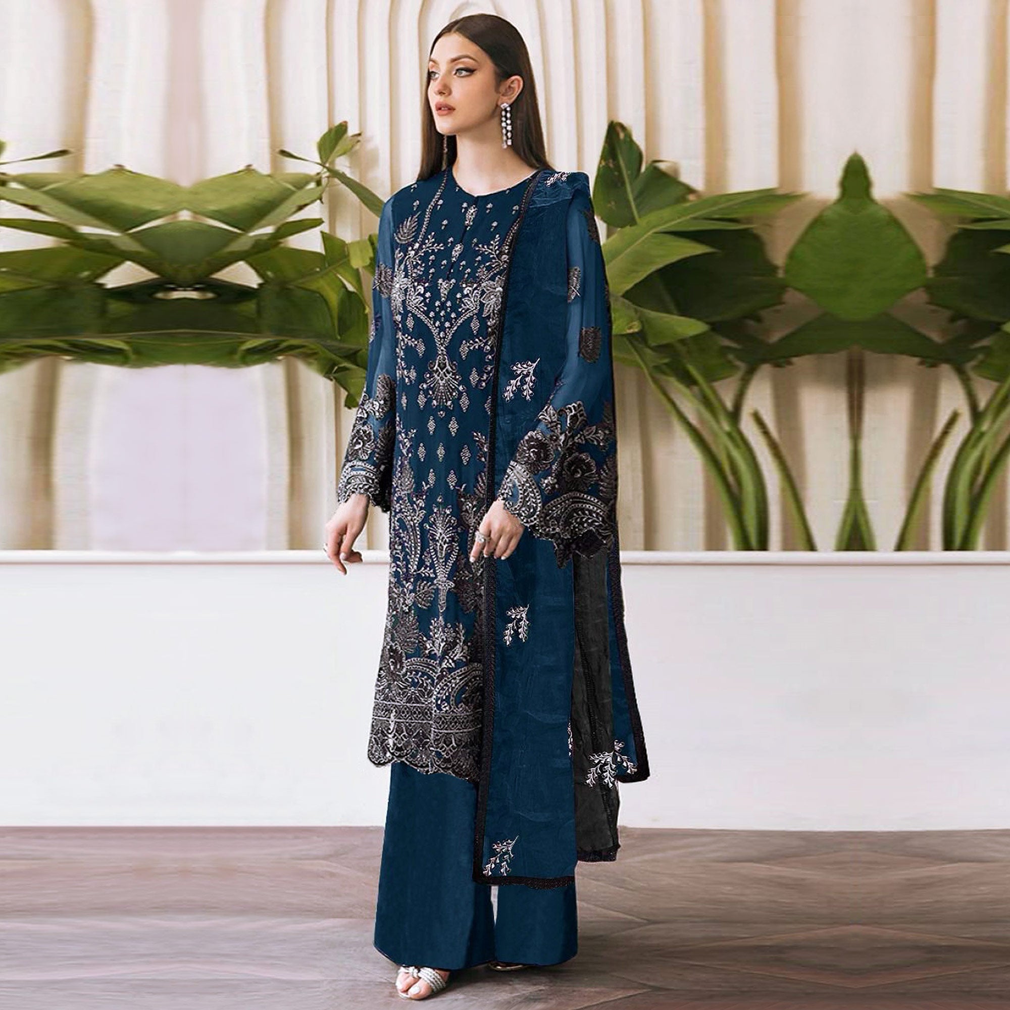 Indigo Blue Embroidered Georgette Pakistani Semi Stitched Dress Material