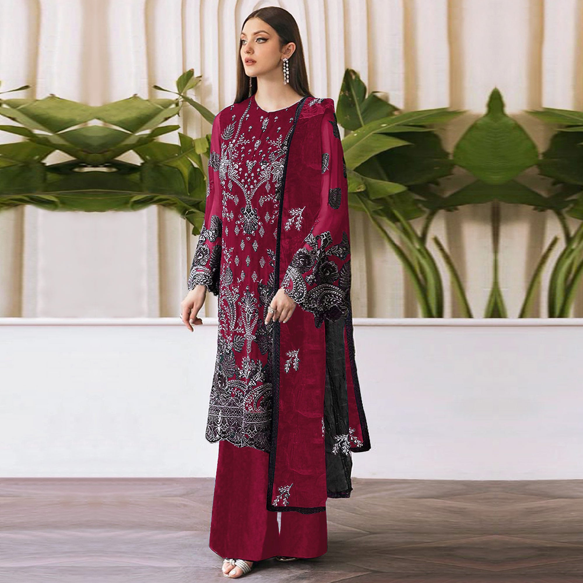 Maroon Embroidered Georgette Pakistani Semi Stitched Dress Material