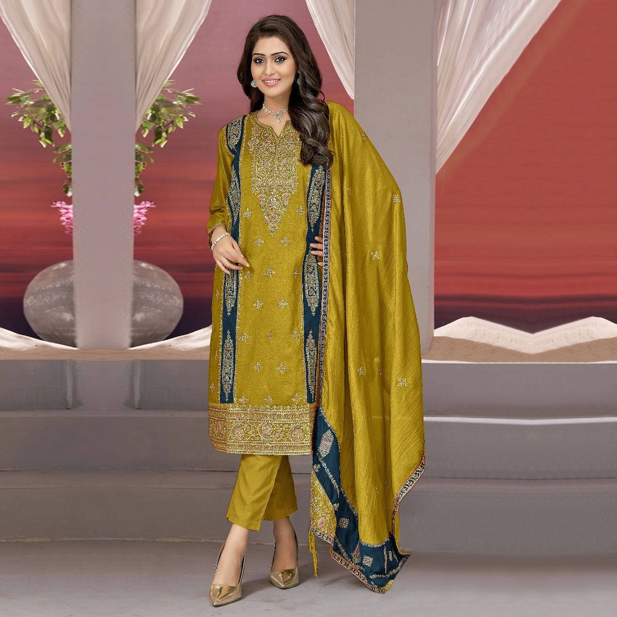 Mustard Floral Embroidered Vichitra Silk Semi Stitched Pakistani Suit