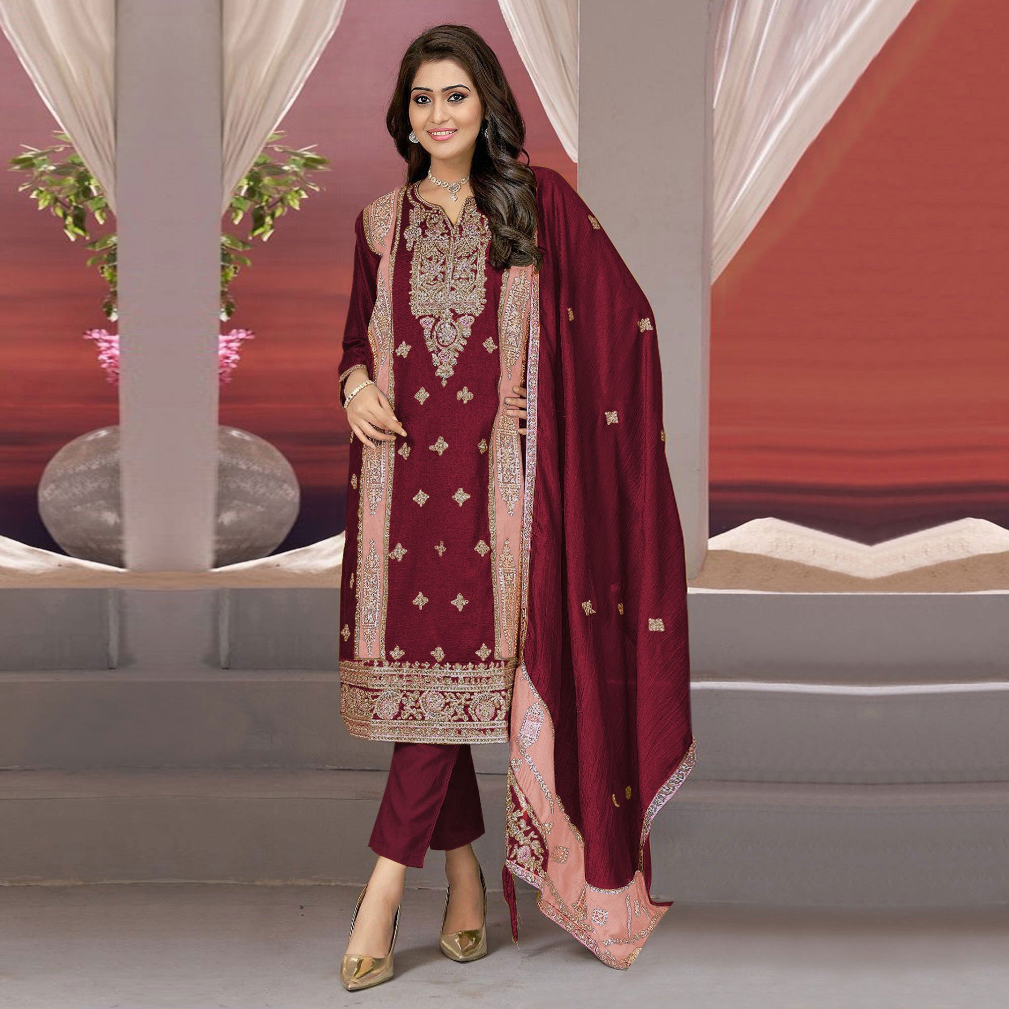 Maroon Floral Embroidered Vichitra Silk Semi Stitched Pakistani Suit
