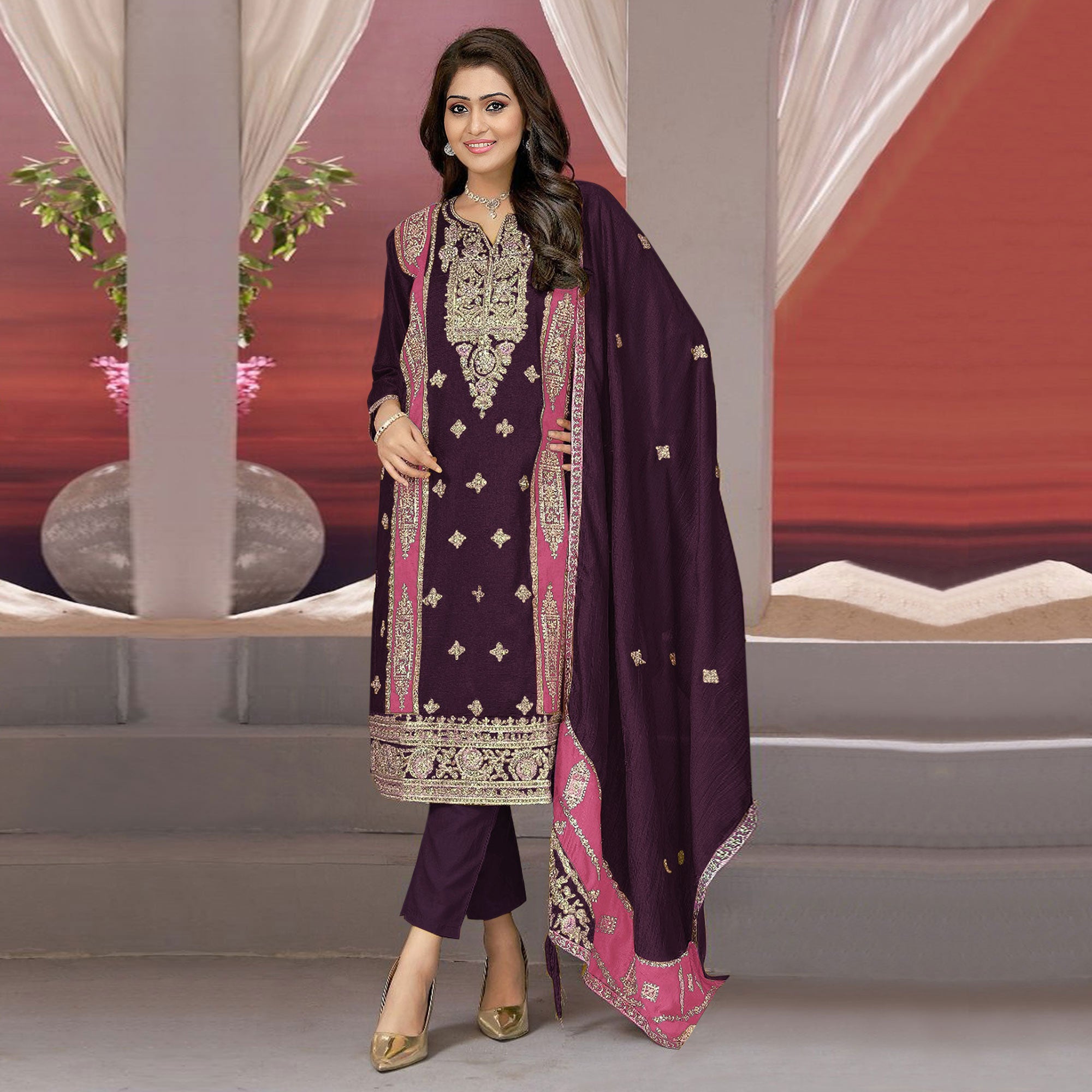 Wine Floral Embroidered Vichitra Silk Semi Stitched Pakistani Suit