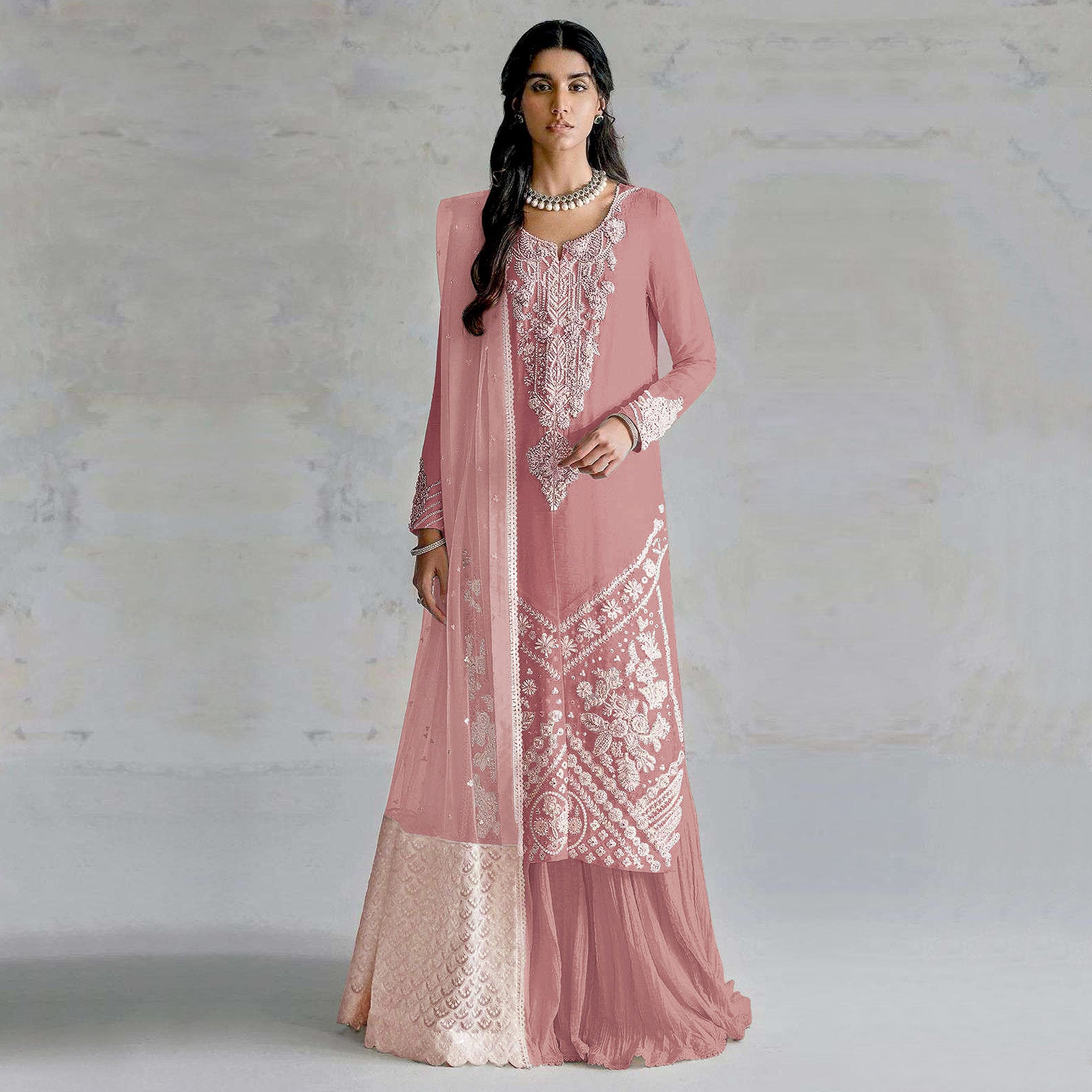 Peach Embroidered Georgette Pakistani Dress Material