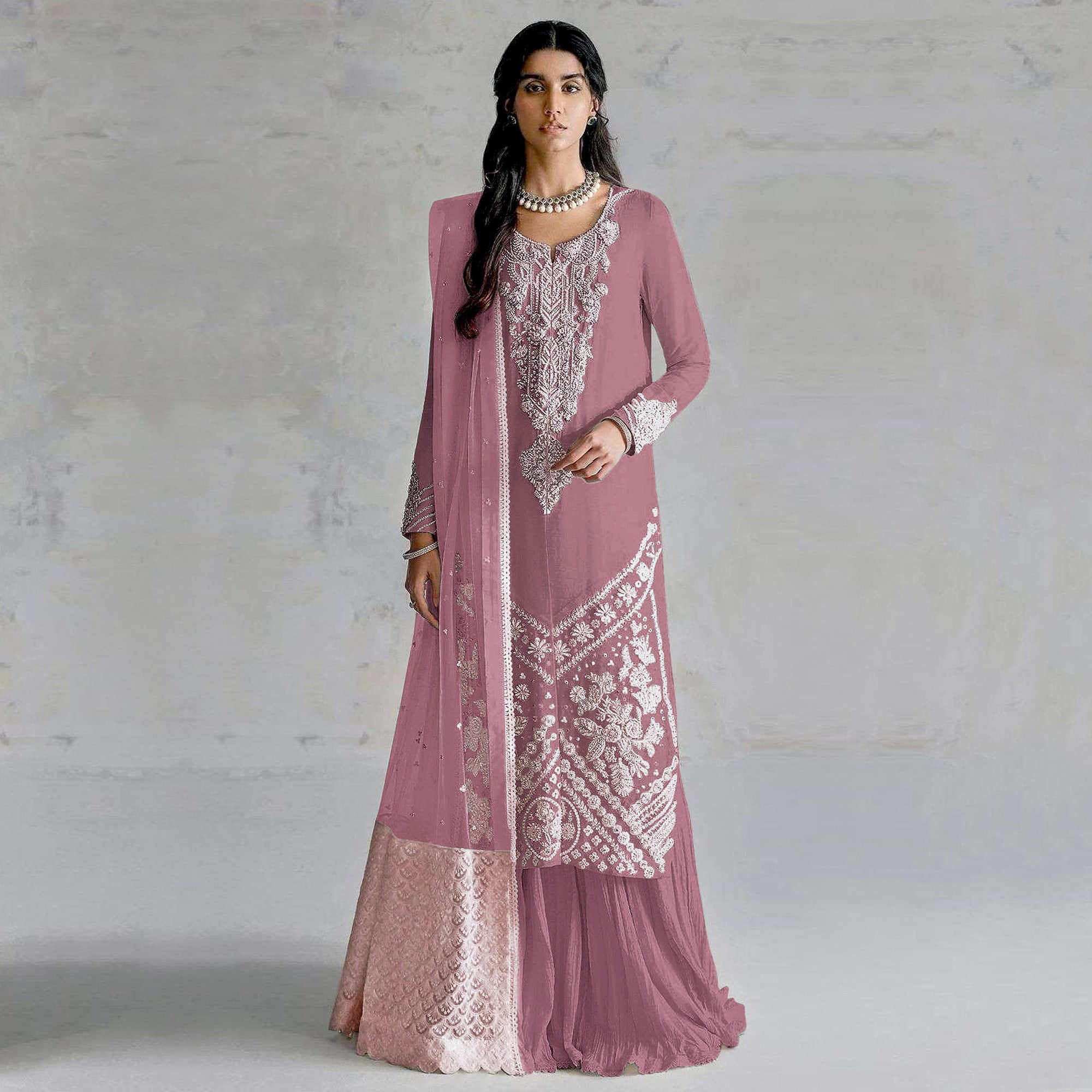 Pink Embroidered Georgette Pakistani Dress Material