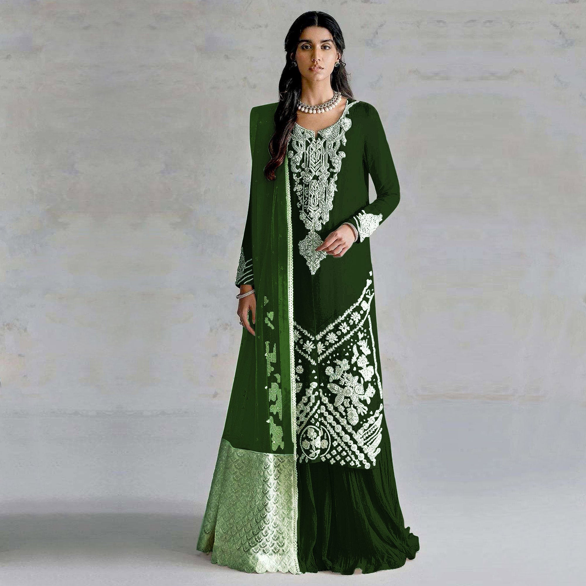 Green Embroidered Georgette Pakistani Dress Material