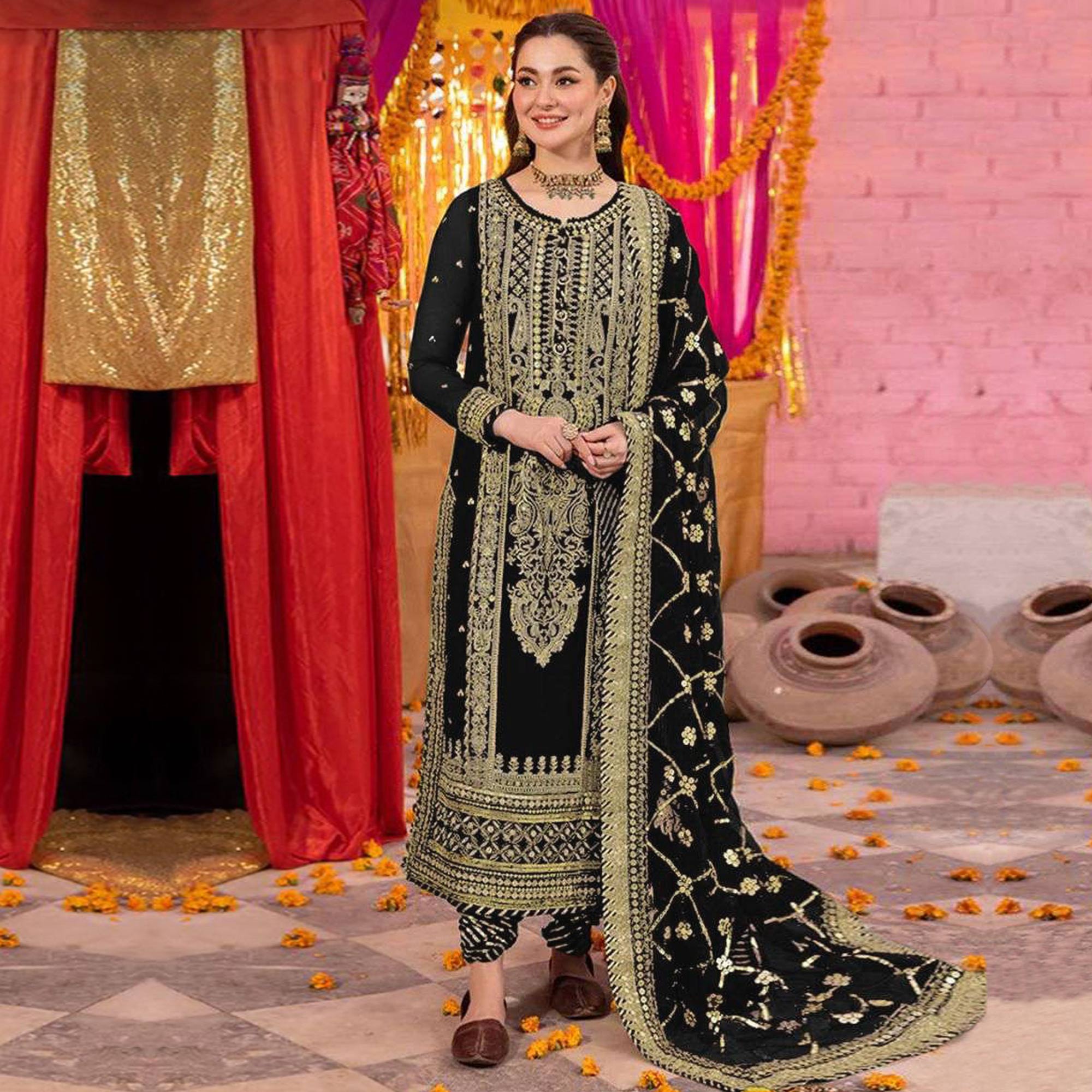 Black Embroidered Georgette Pakistani Dress Material