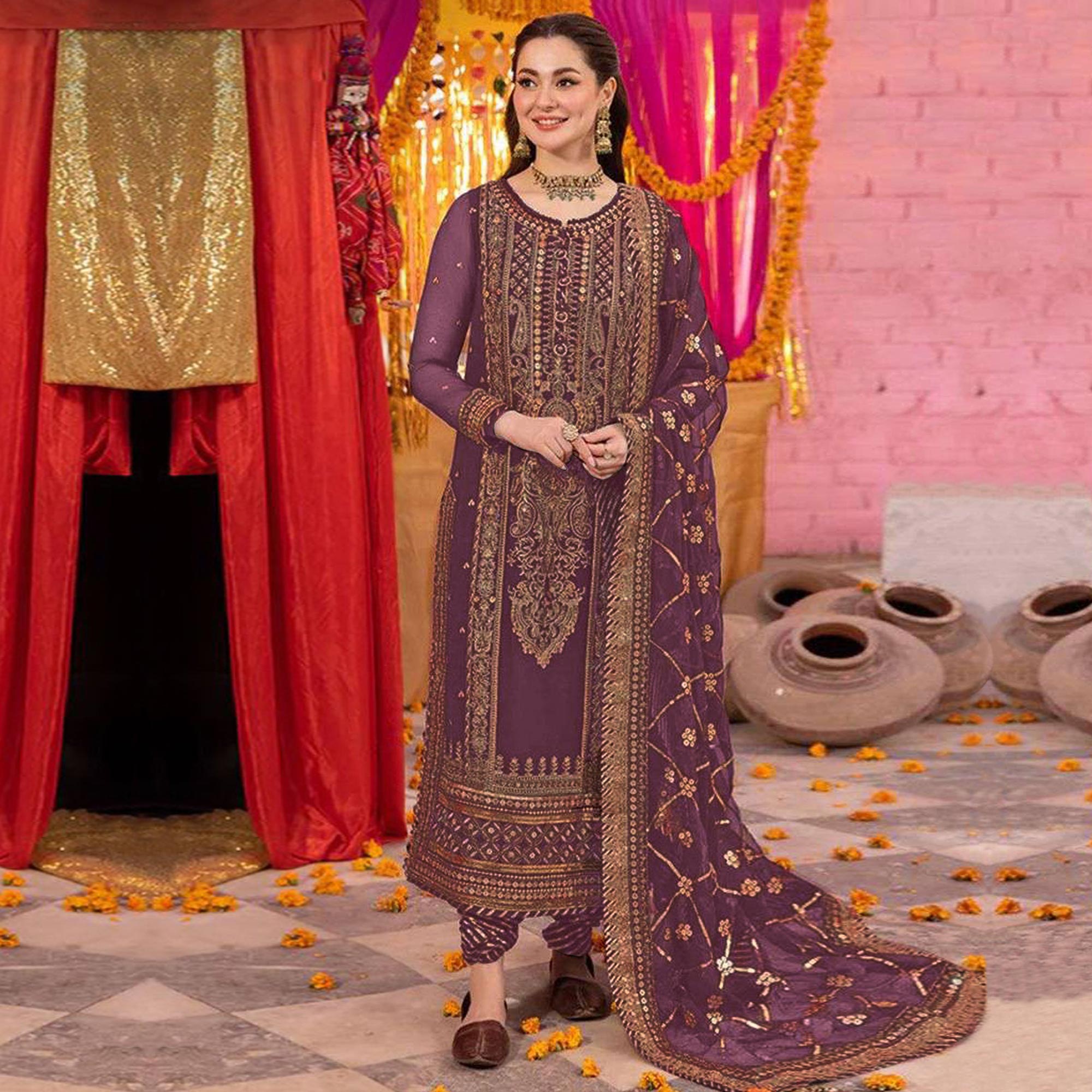 Purple Embroidered Georgette Pakistani Dress Material