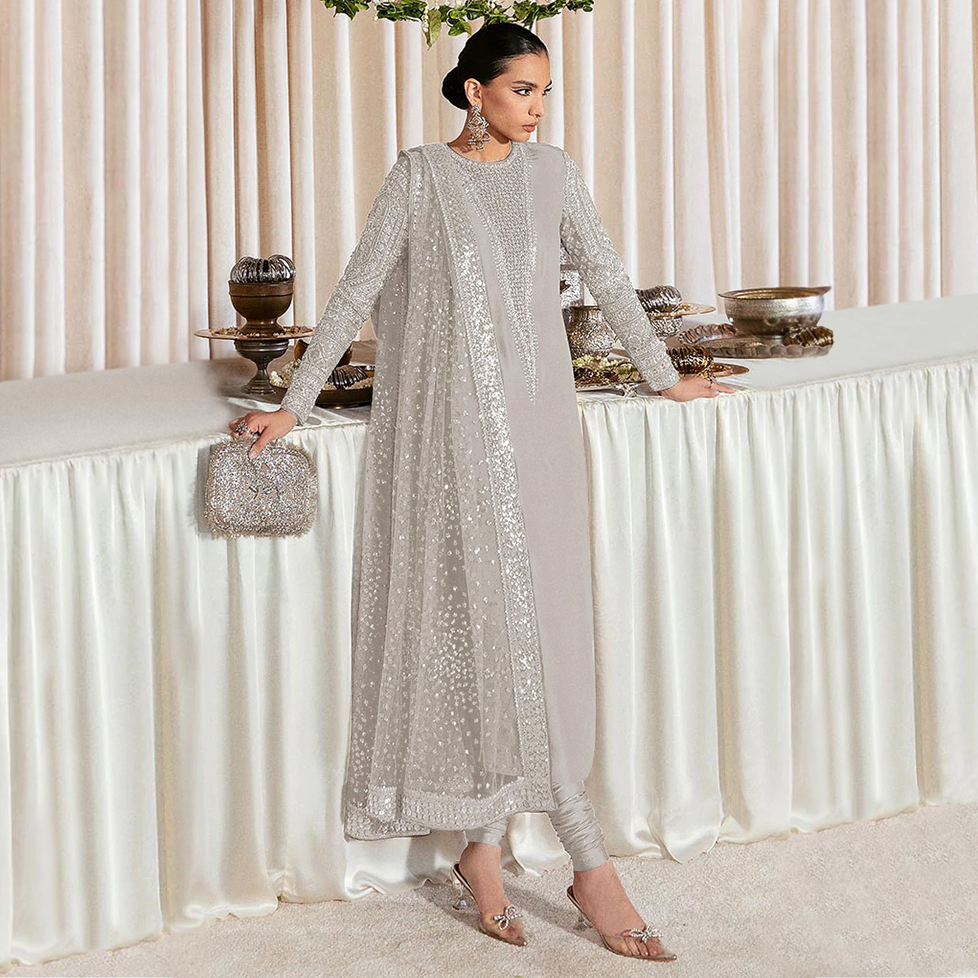 Beige Sequins Embroidered Georgette Pakistani Suit