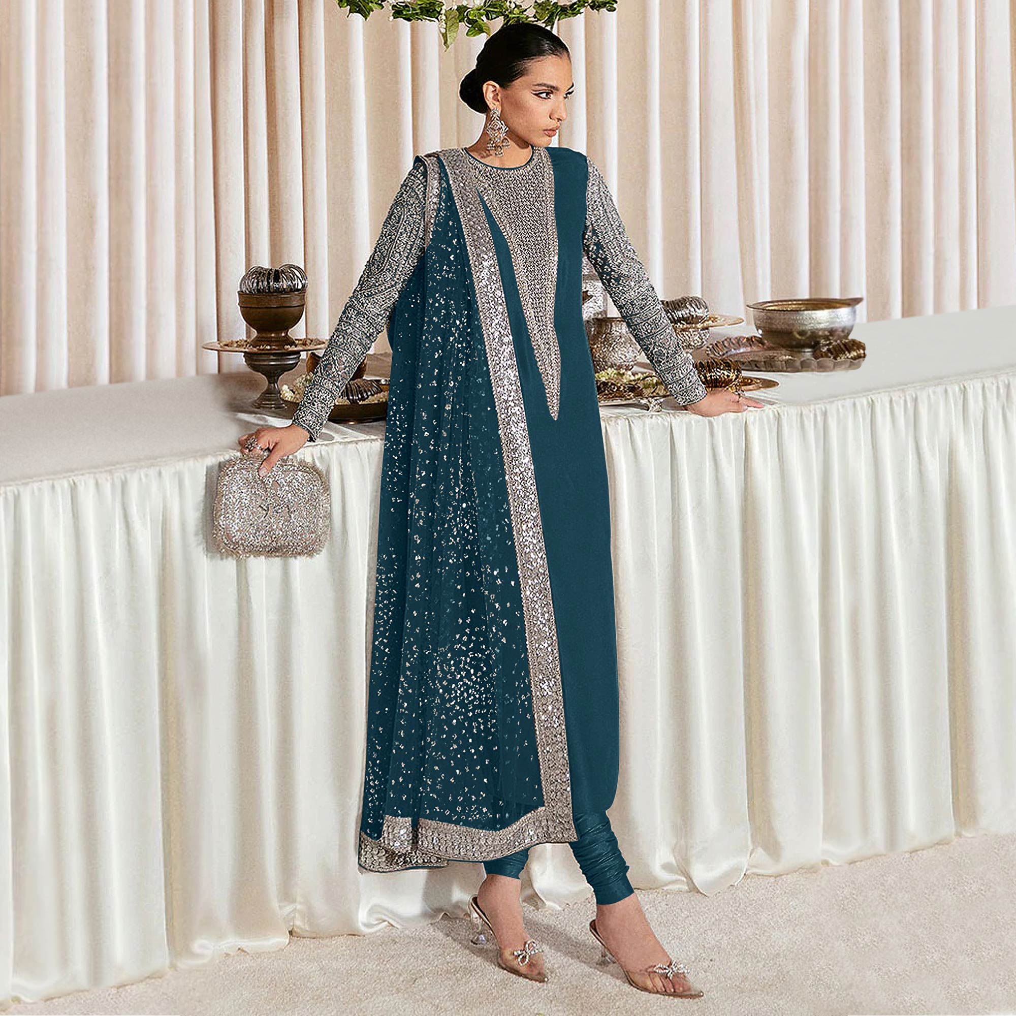 Teal Blue Sequins Embroidered Georgette Pakistani Suit