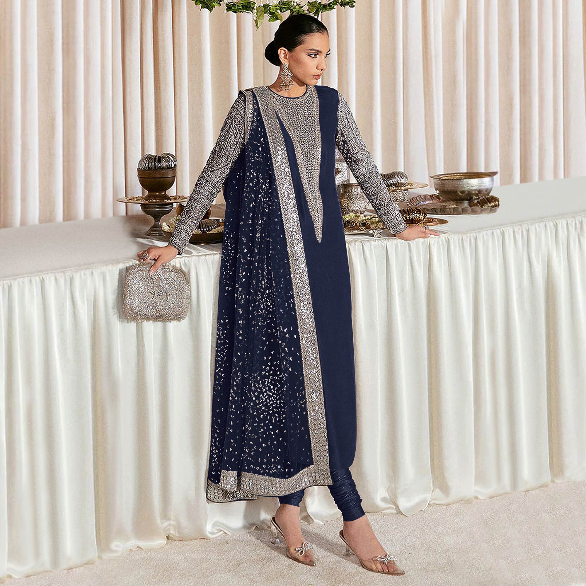 Blue Sequins Embroidered Georgette Pakistani Suit