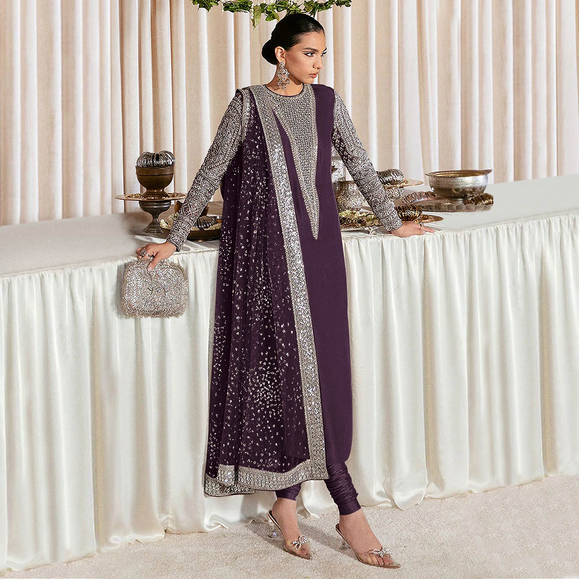 Purple Sequins Embroidered Georgette Pakistani Suit