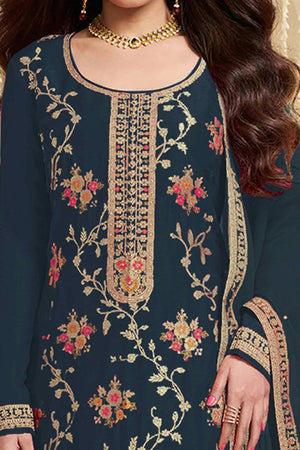 Dark Rama Blue Floral Woven With Embroidered Viscose Semi Stitched Suit