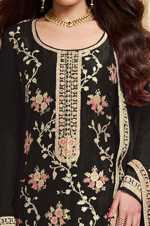 Black Floral Woven With Embroidered Viscose Semi Stitched Suit