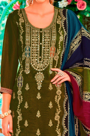 Mehendi Green Floral Sequins Embroidered Chinon Semi Stitched Palazzo Suit
