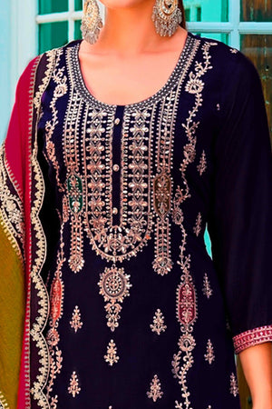 Purple Floral Sequins Embroidered Chinon Semi Stitched Palazzo Suit