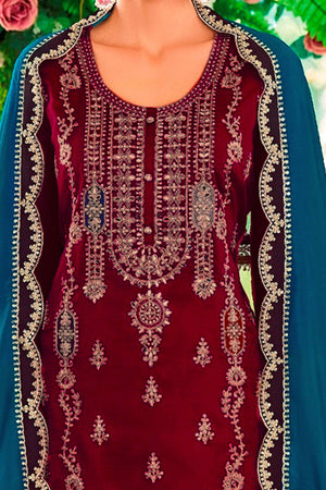 Rani Pink Floral Sequins Embroidered Chinon Semi Stitched Palazzo Suit