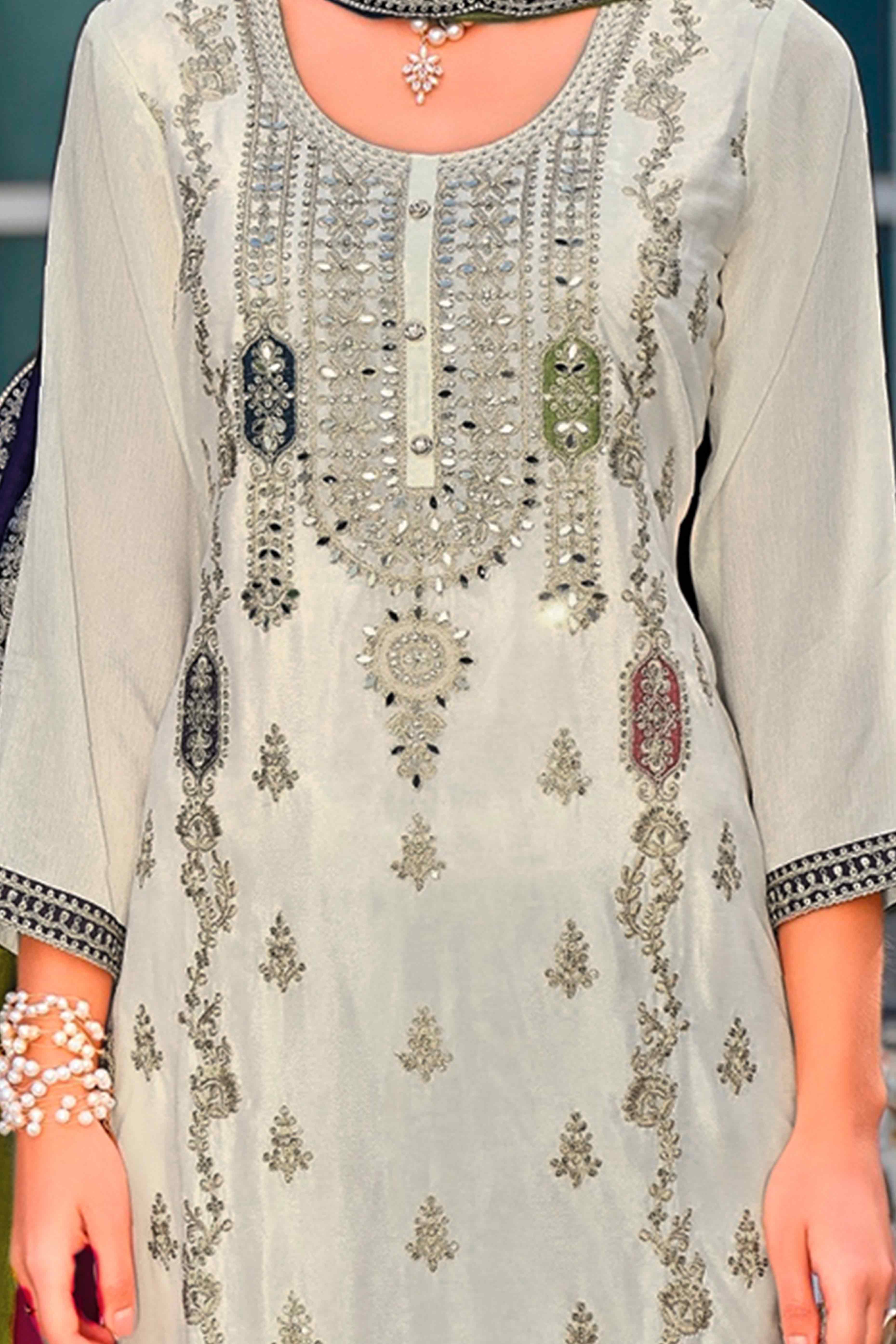 Cream Floral Sequins Embroidered Chinon Semi Stitched Palazzo Suit