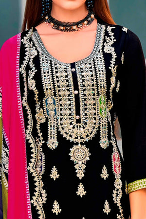 Black Floral Sequins Embroidered Chinon Semi Stitched Palazzo Suit