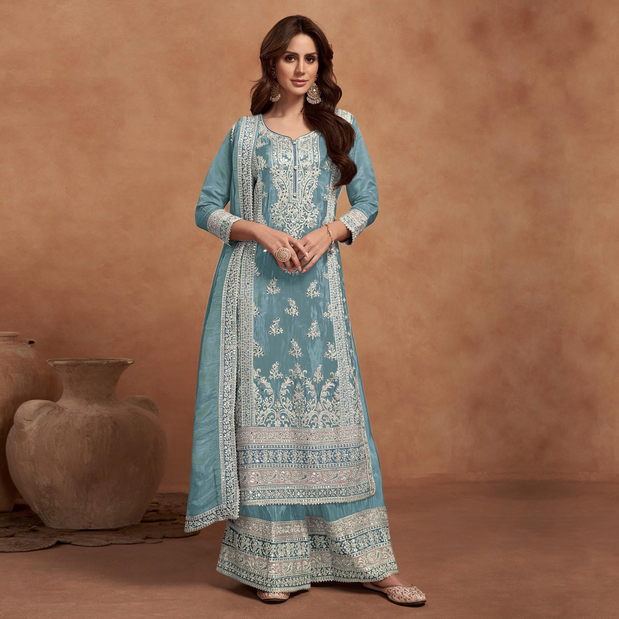 Light Teal Floral Sequins Embroidered Vichitra Silk Semi Stitched Palazzo Suit