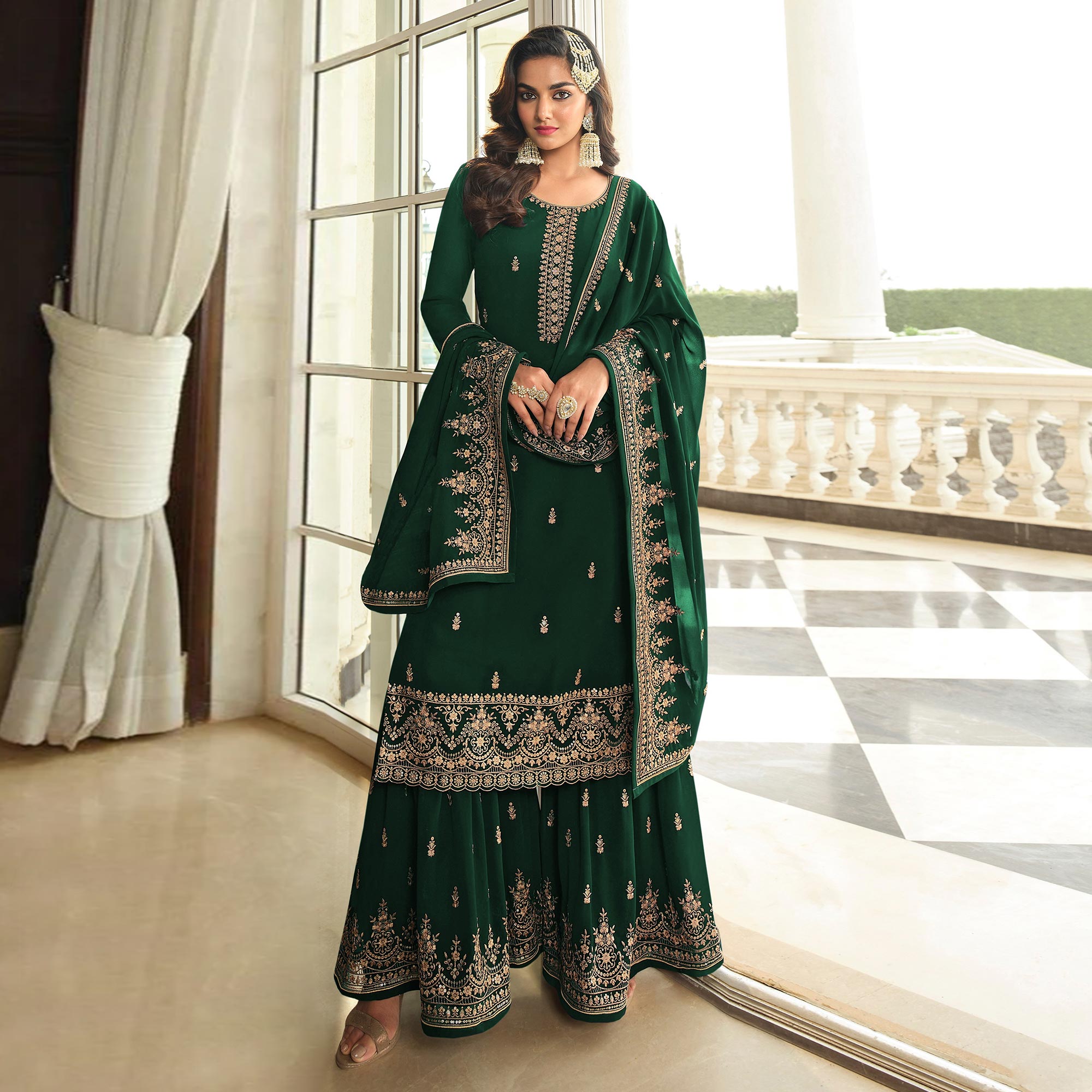 Green Floral Sequins Embroidered Georgette Semi Stitched Dress Material