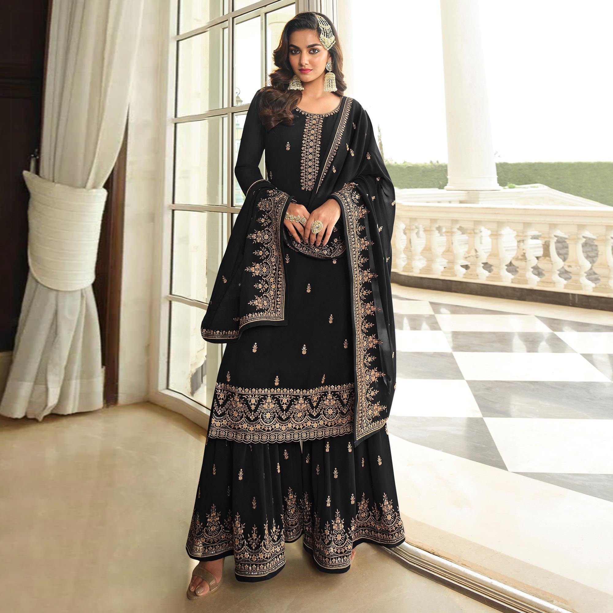 Black Floral Sequins Embroidered Georgette Semi Stitched Dress Material