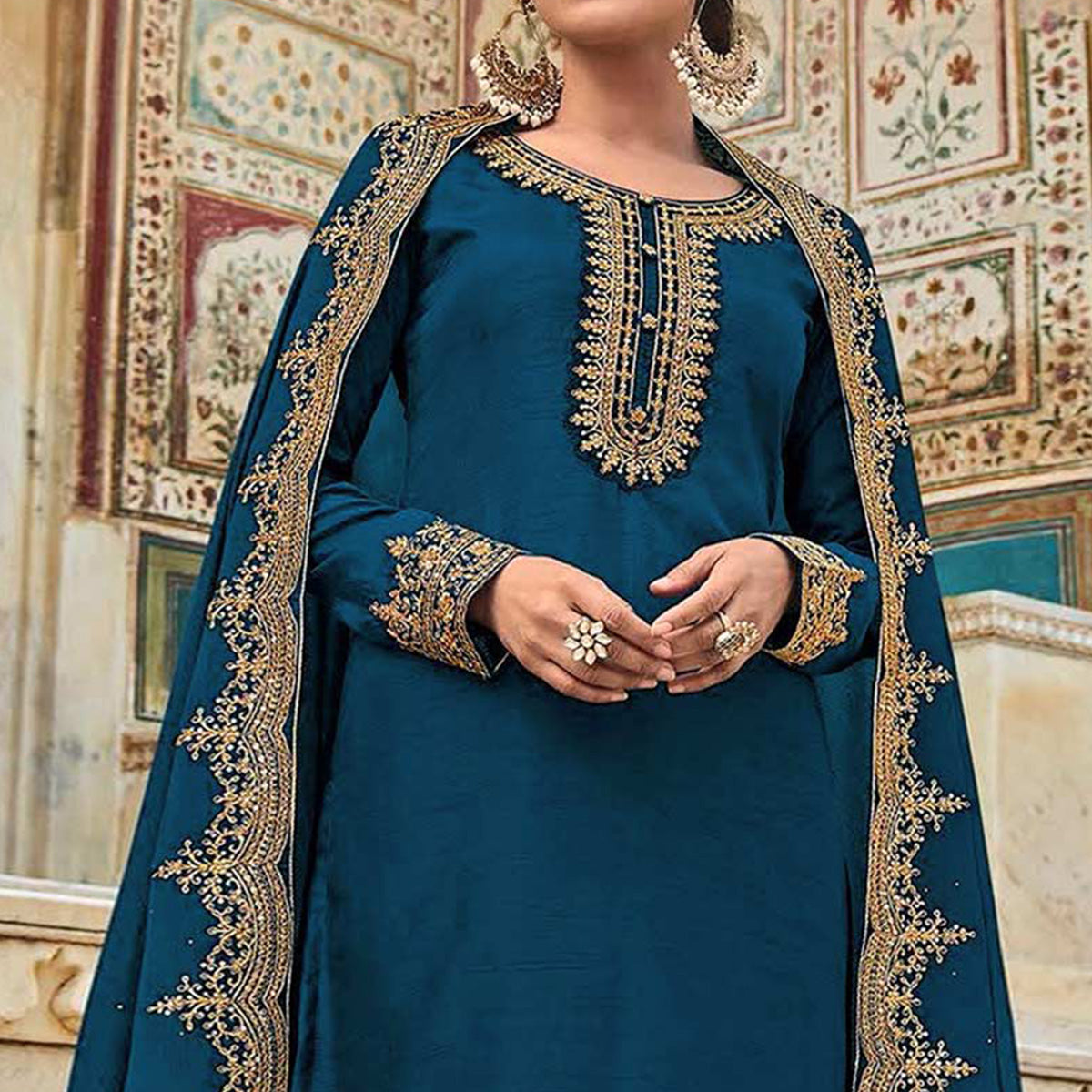 Blue Floral Sequins Embroidered Dola Silk Palazzo Suit