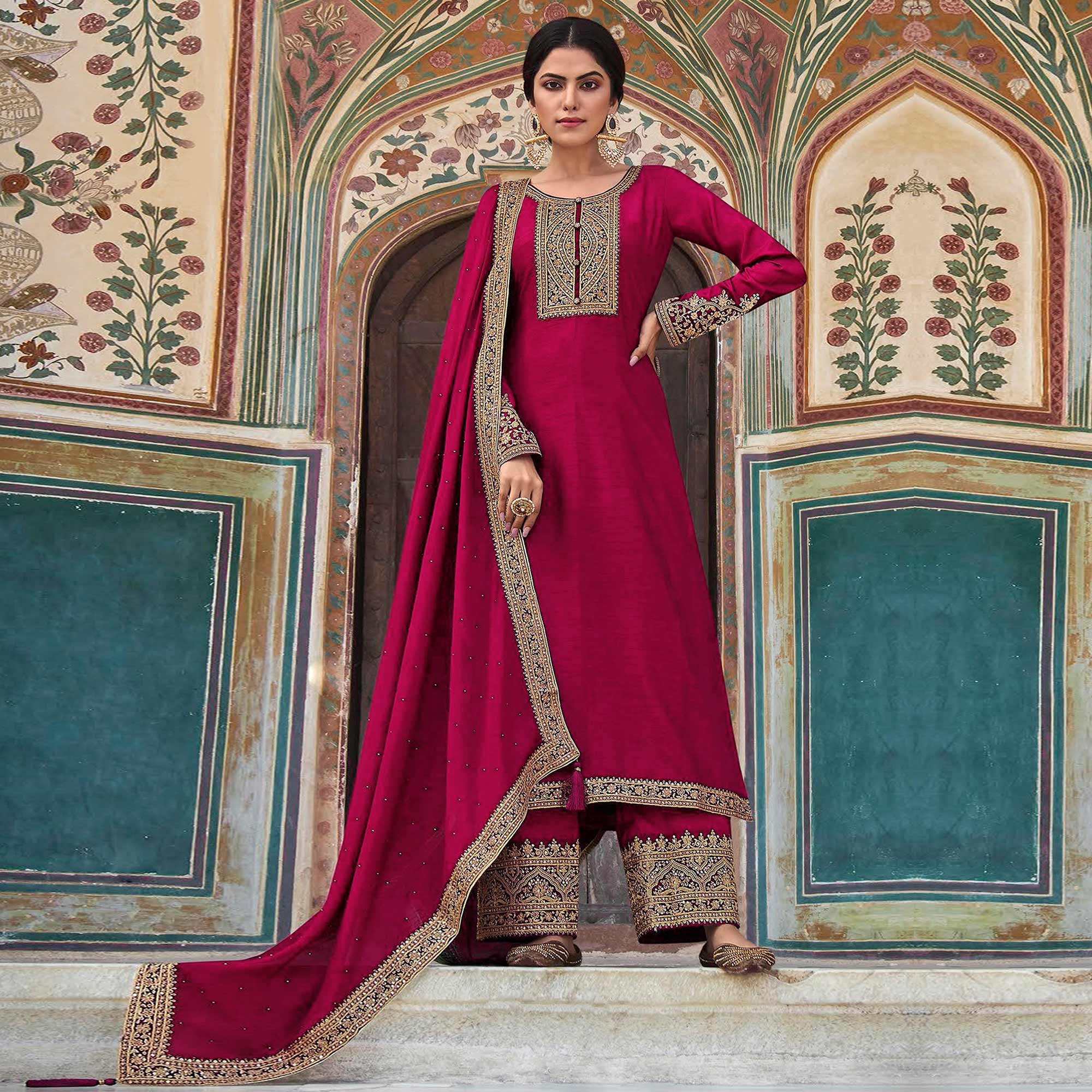 Purple Floral Sequins Embroidered Dola Silk Palazzo Suit