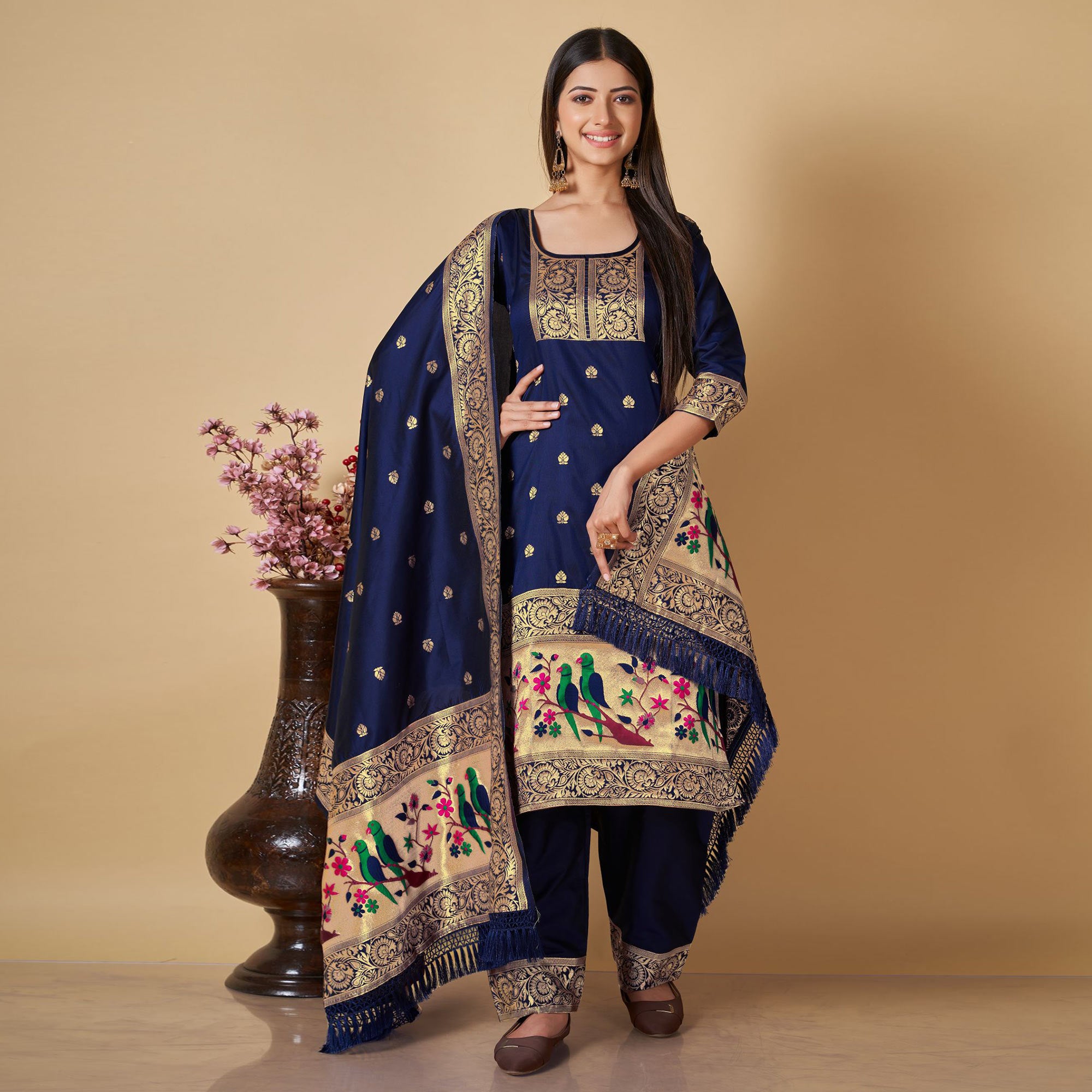 Navy Blue Floral Woven Banarasi Silk Paithani Dress Material