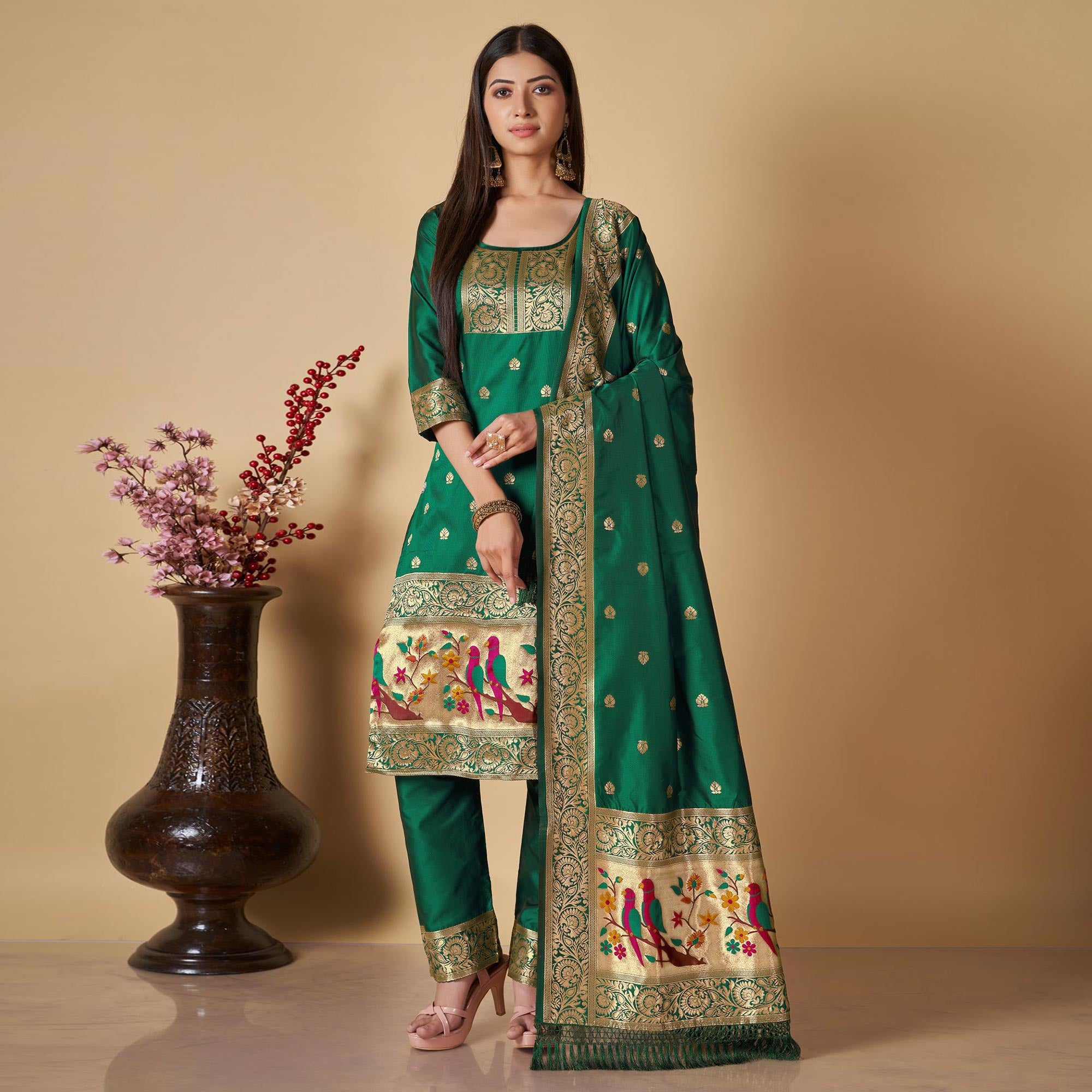 Green Floral Woven Banarasi Silk Paithani Dress Material Green Floral Woven Banarasi Silk Paithani Dress Material