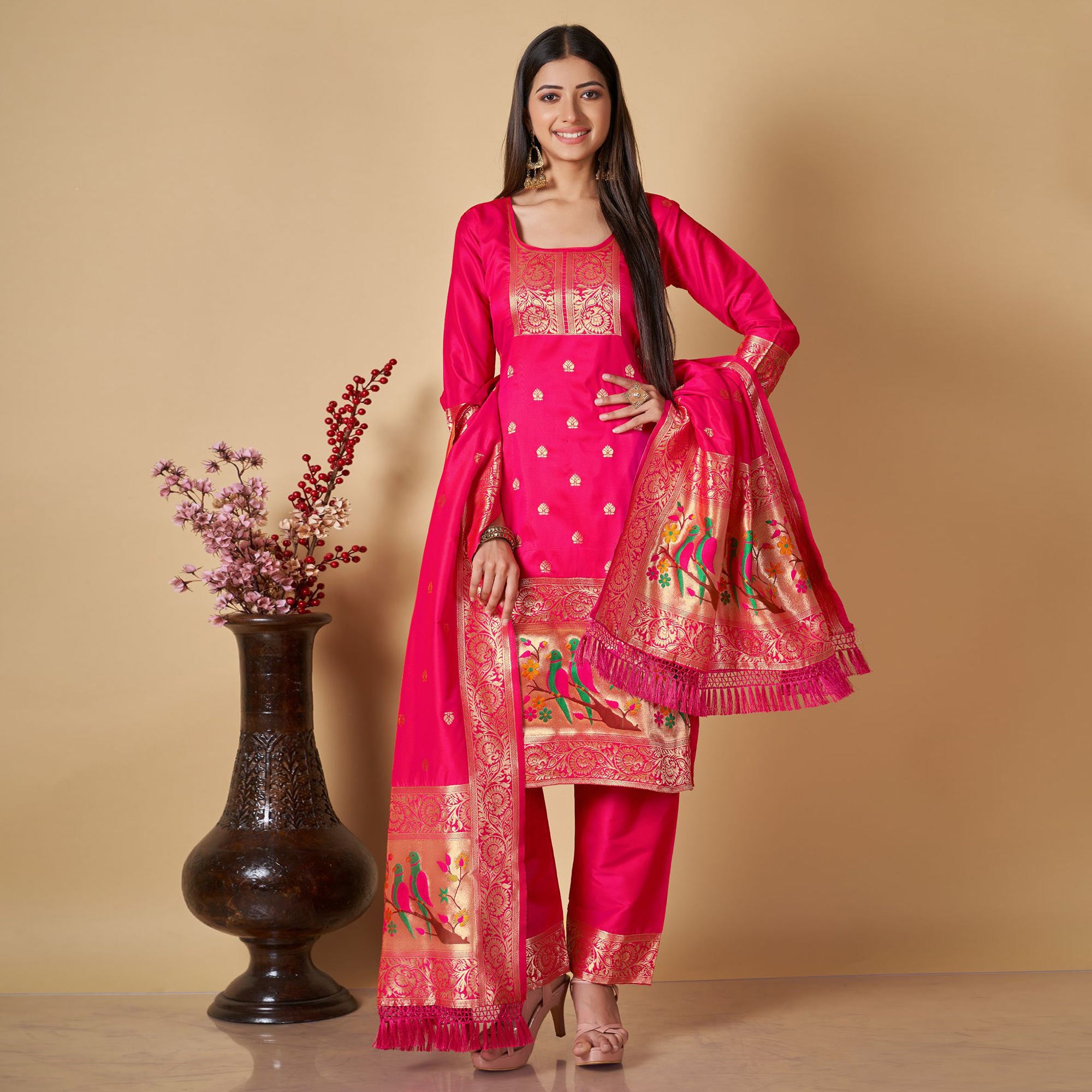 Pink Floral Woven Banarasi Silk Paithani Dress Material