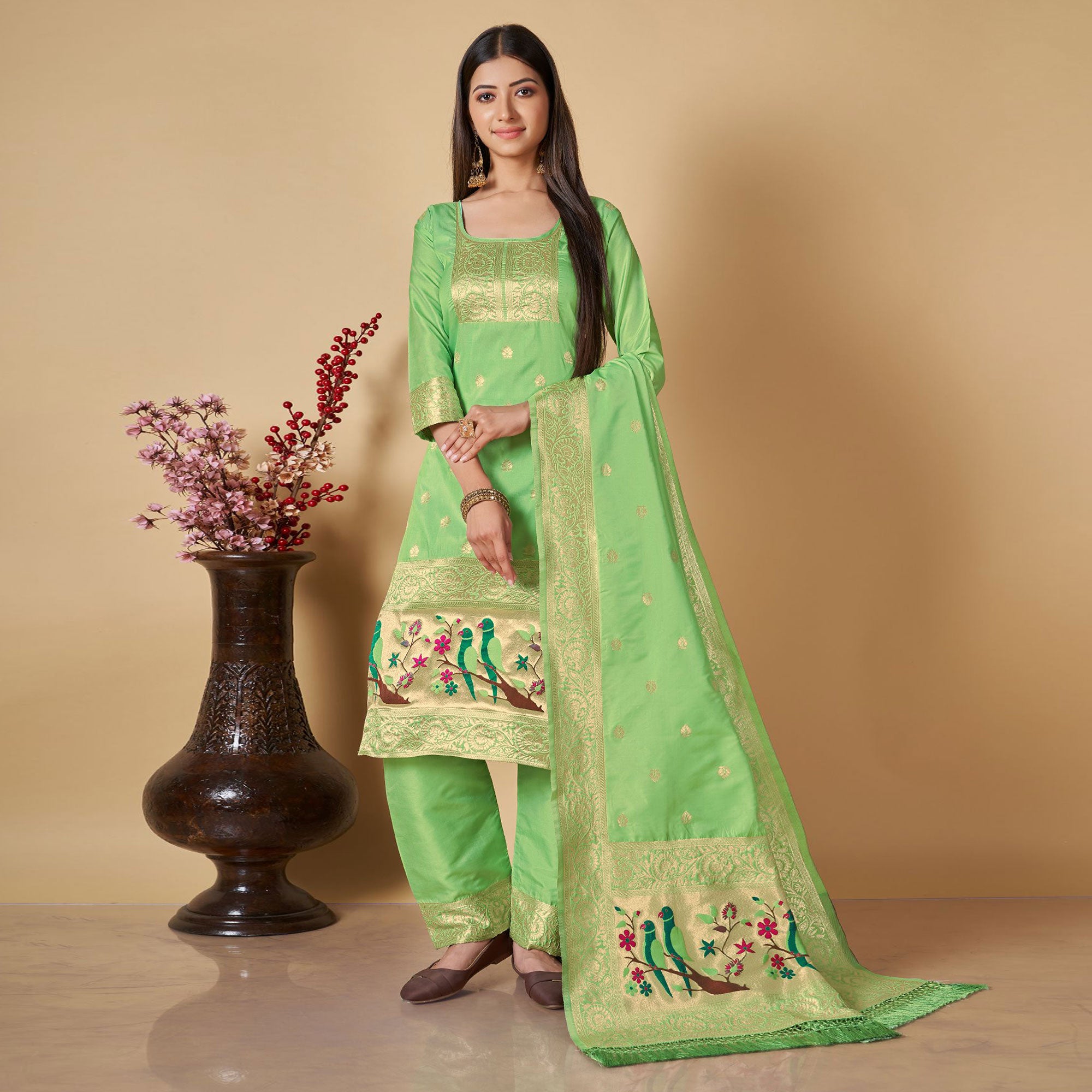 Pista Green Floral Woven Banarasi Silk Paithani Dress Material Pista Green Floral Woven Banarasi Silk Paithani Dress Material