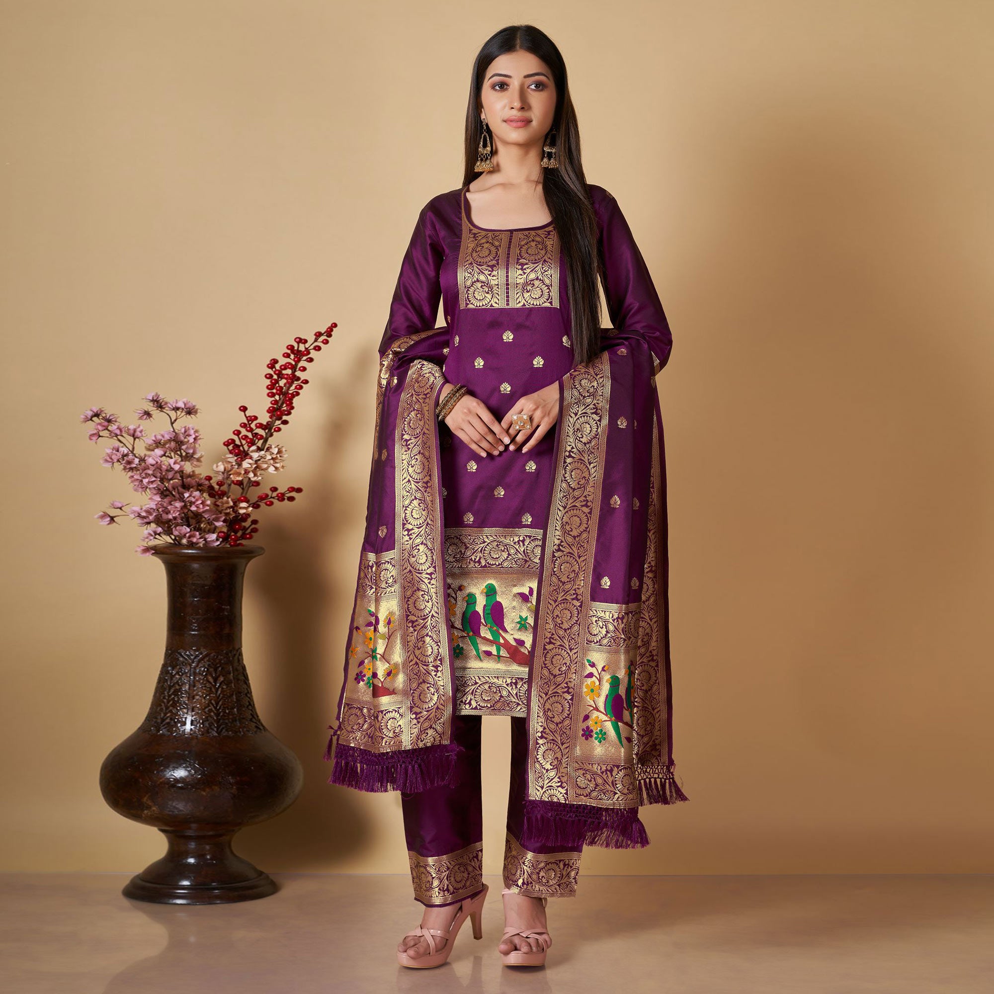 Purple Floral Woven Banarasi Silk Paithani Dress Material