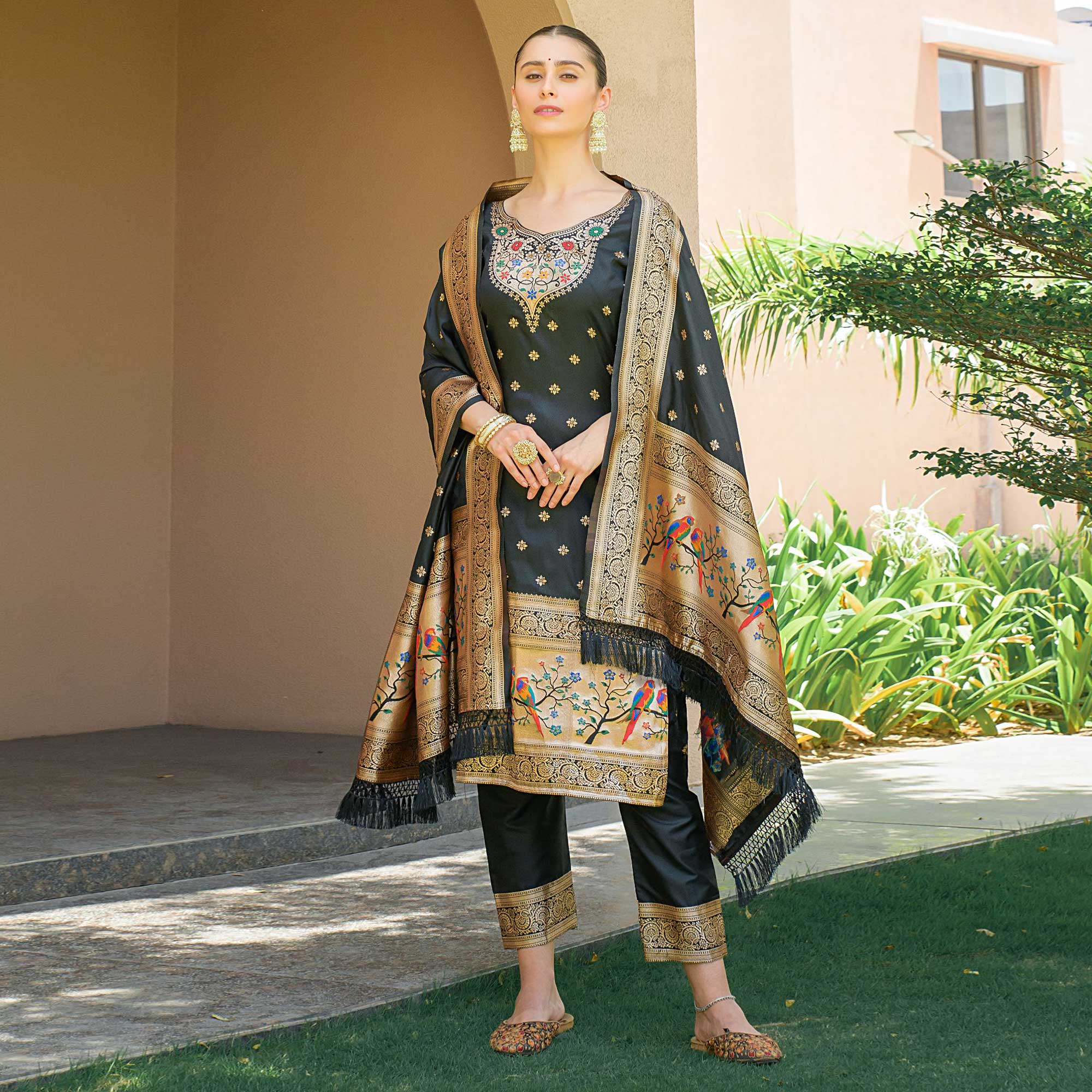 Black Floral Woven Banarasi Silk Paithani Dress Material