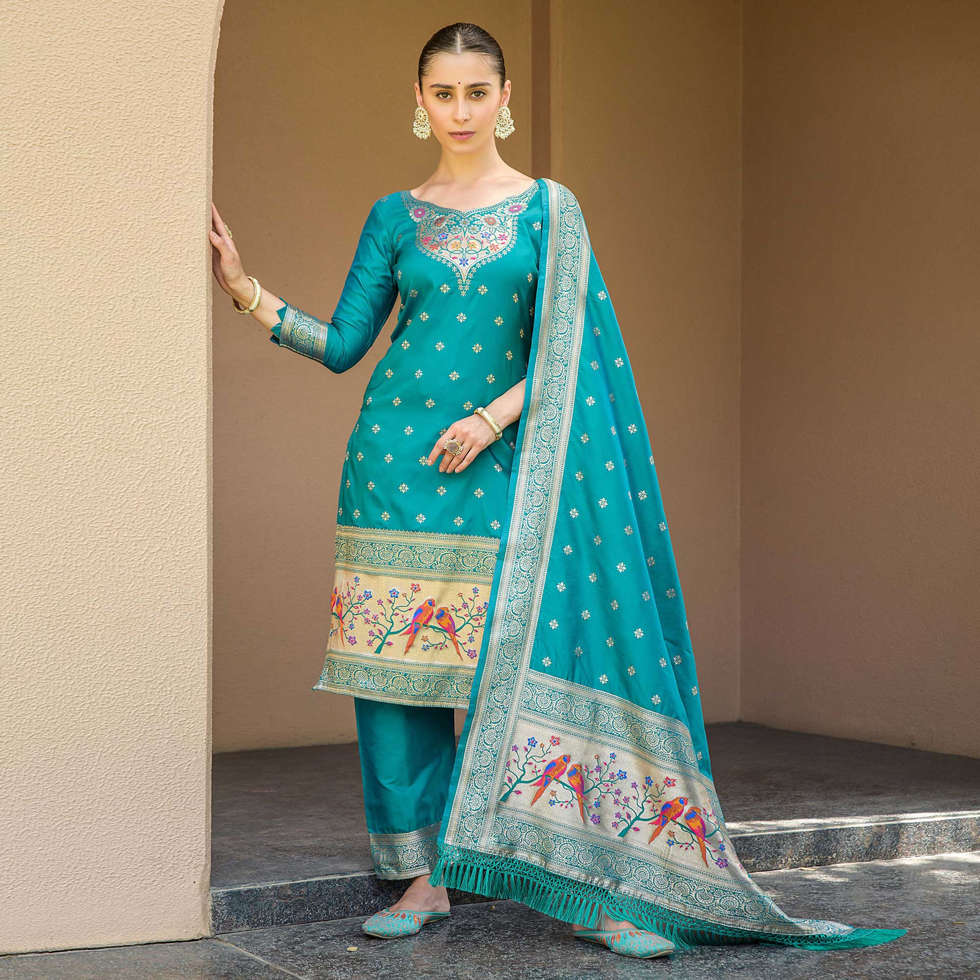 Rama Blue Floral Woven Banarasi Silk Paithani Dress Material
