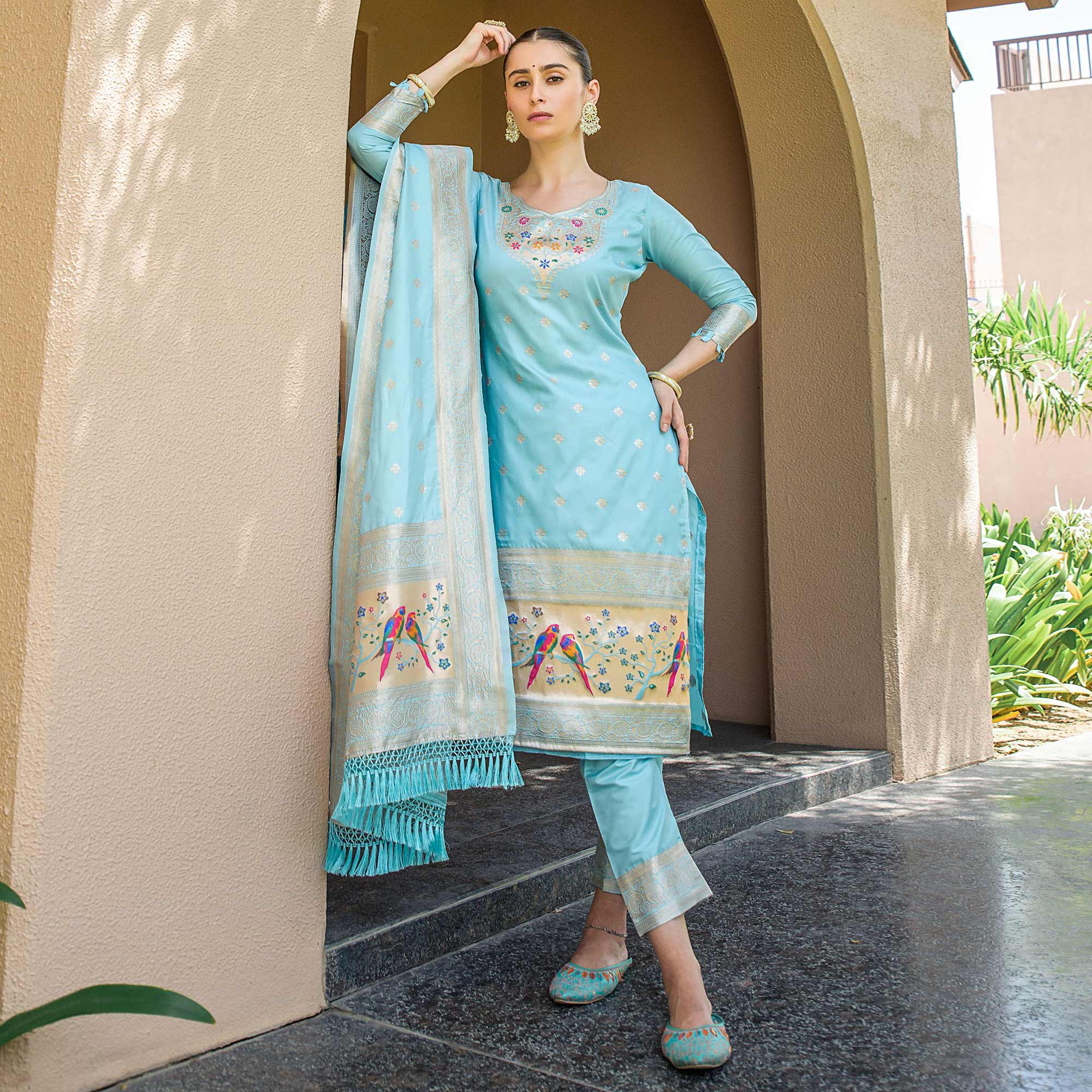 Sky Blue Floral Woven Banarasi Silk Paithani Dress Material
