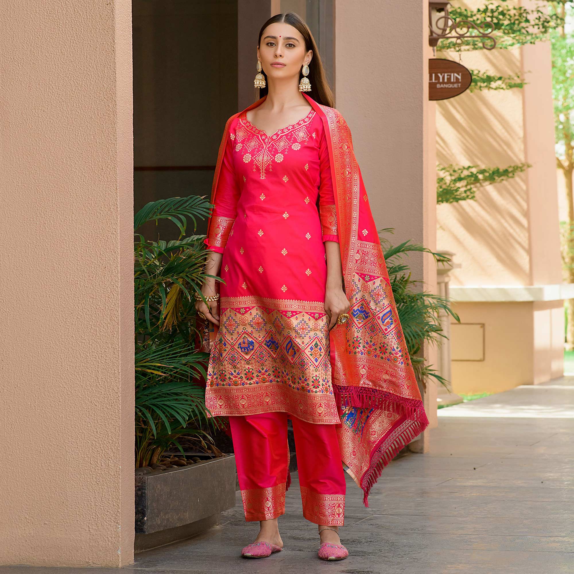 Pink Floral Woven Banarasi Silk Paithani Dress Material