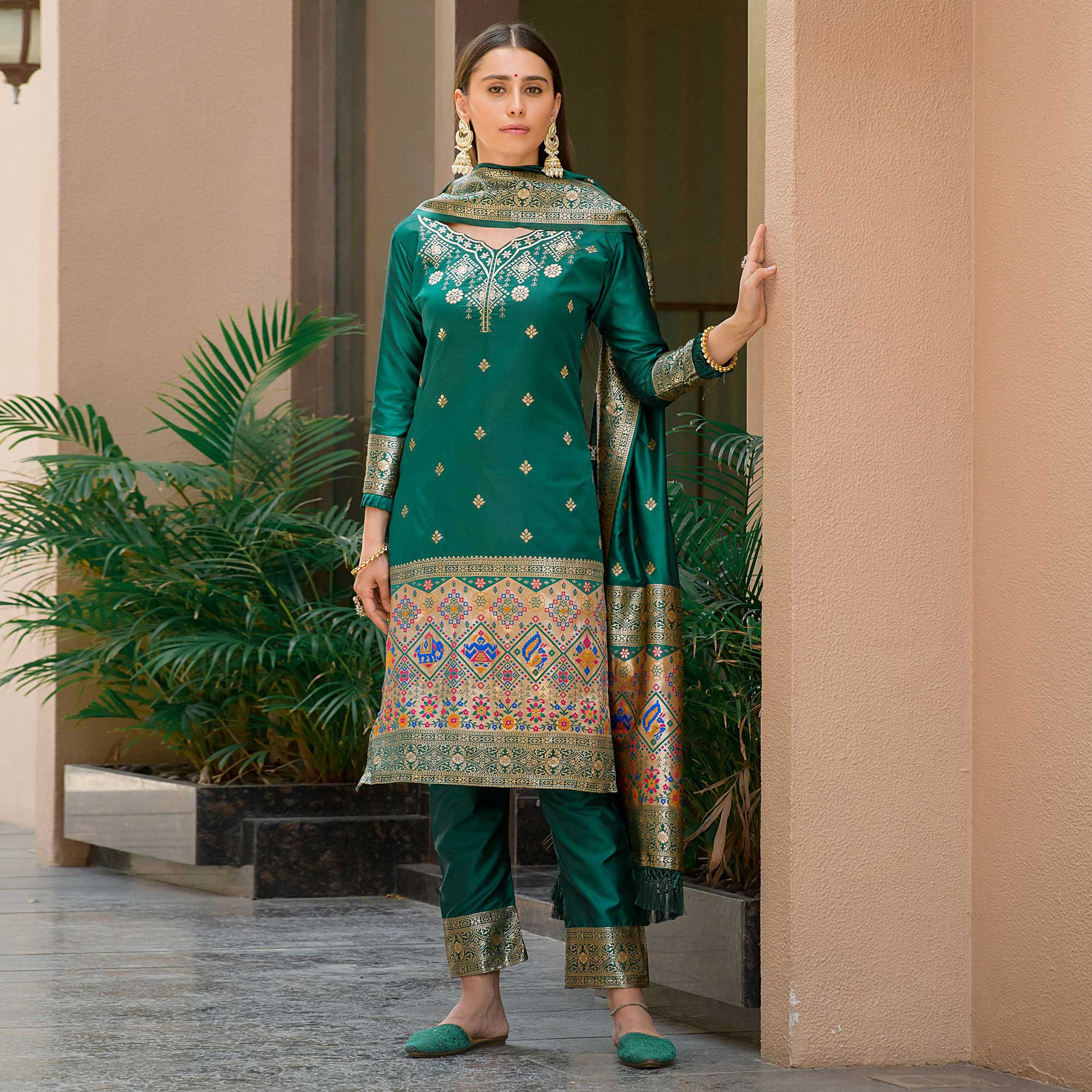 Green Floral Woven Banarasi Silk Paithani Dress Material
