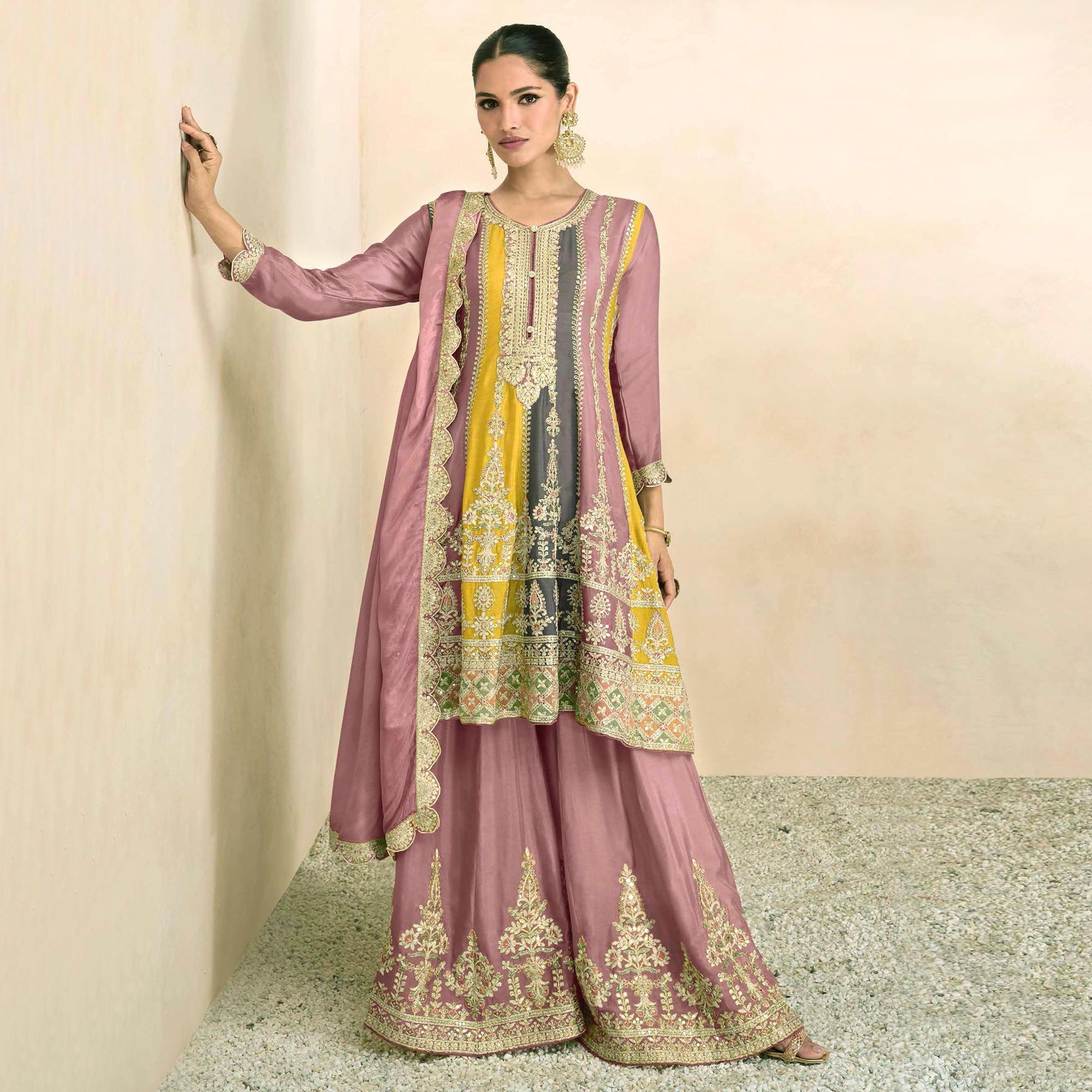 Pink Sequins Embroidered Chinon Semi Stitched Sharara Suit