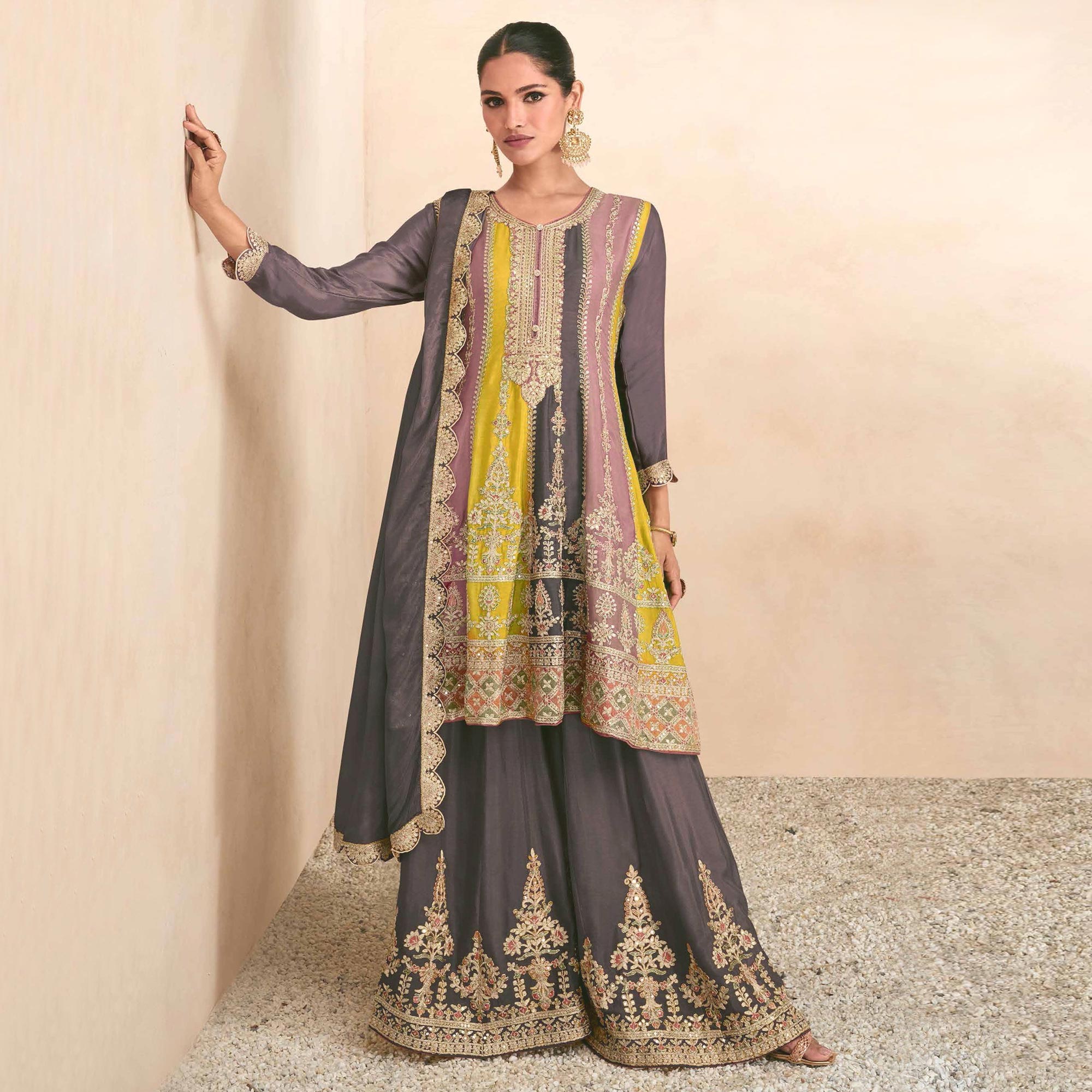 Brown Sequins Embroidered Chinon Semi Stitched Sharara Suit