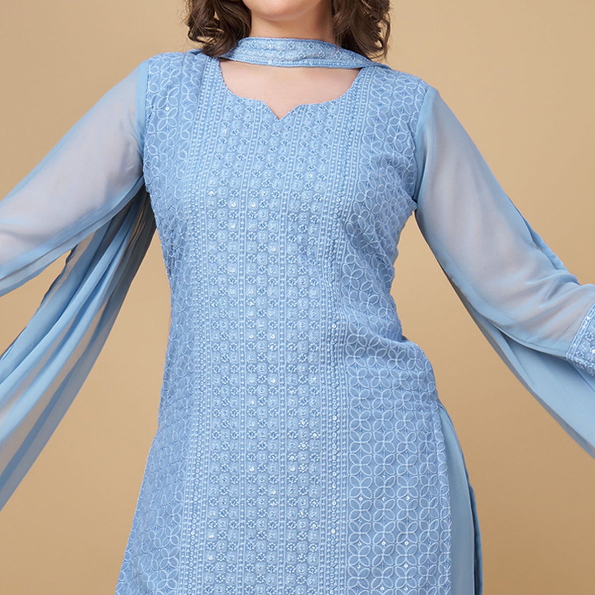 Sky Blue Embroidered Georgette Kurti Sharara Suit