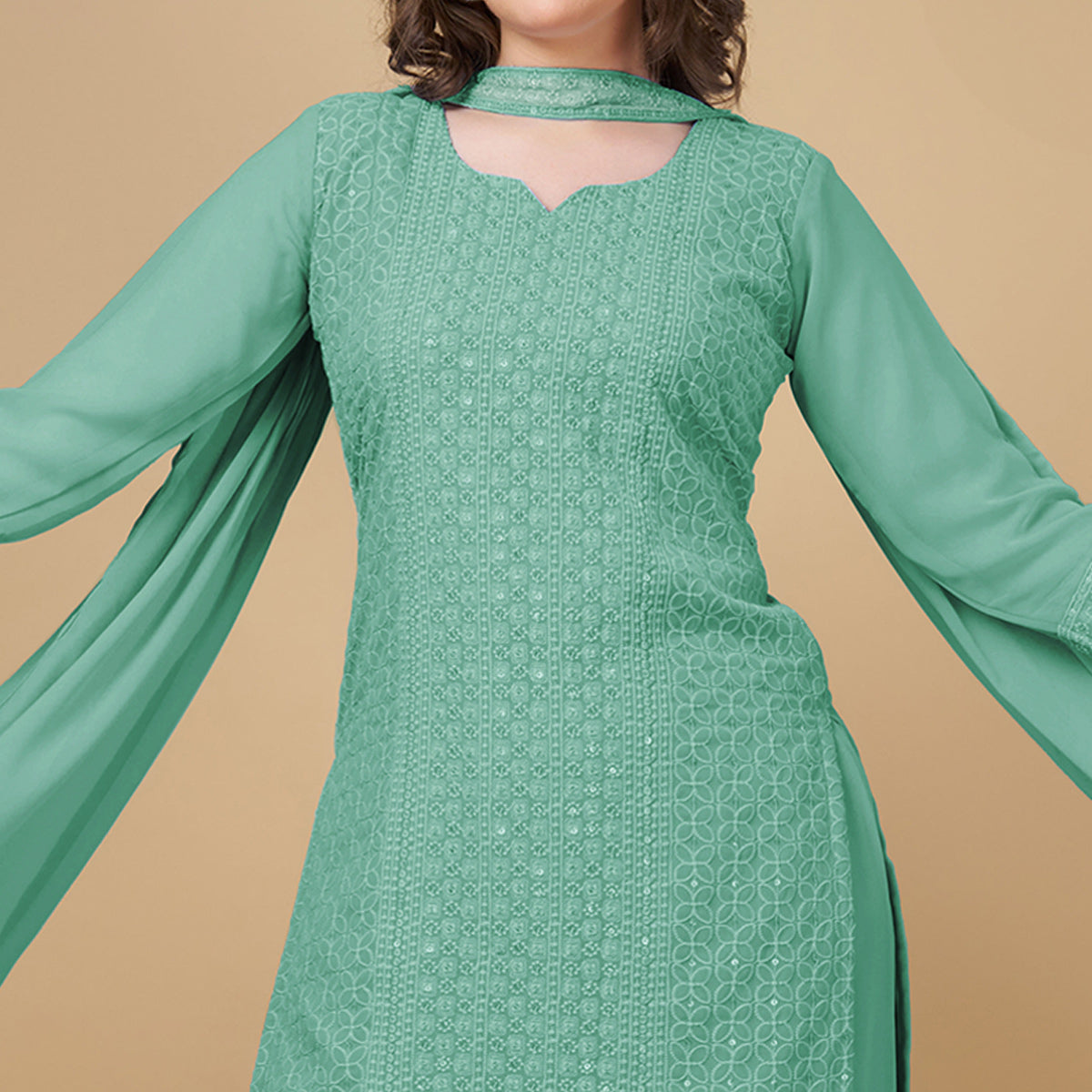 Green Embroidered Georgette Kurti Sharara Suit