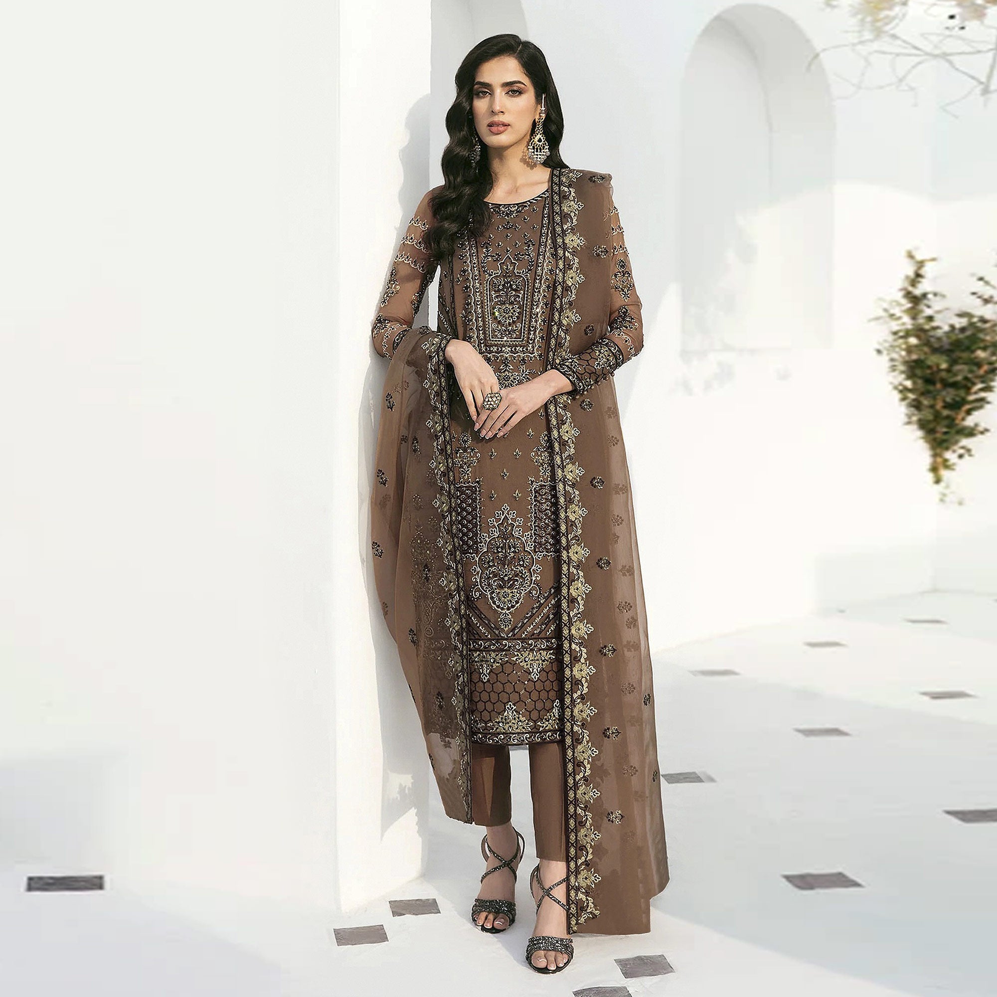 Brown Floral Embroidered Georgette Semi Stitched Pakistani Suit